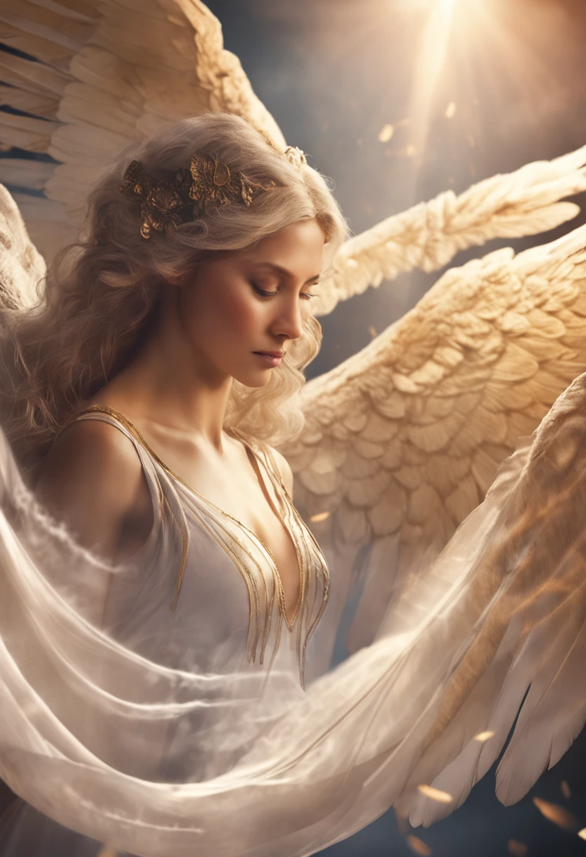 photorealistic, (hyperrealistic:1.2), beautiful, masterpiece, best quality, extremely detailed face, perfect lighting, nice hands, perfect hands, A divine and radiant angel in celestial splendor, (heavenly presence:1.2), (serene expression), (majestic wings), (ethereal glow:1.1), (peaceful and comforting), (transcendent beauty), (divine grace), (symbol of purity), (golden halo), (uplifting atmosphere), (celestial realm), (spiritual enlightenment), (gentle and protective), (illuminating light:1.2), (seraphic figure), (harmony and serenity), (angelic robes), (timeless and celestial), (captivating aura), (healing and guidance)