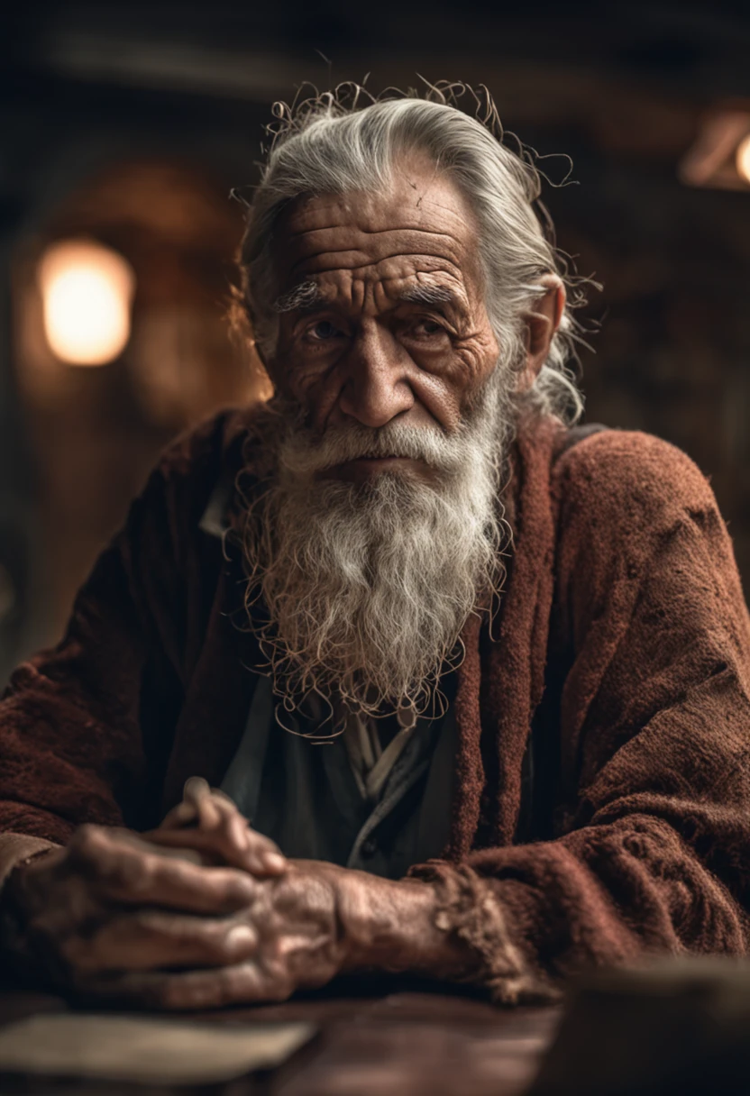 realistic portrait of an old sage from ((cabelos longos e grisalhos, barba longa e grisalha)). The environment is immersive with realistic details and the lighting is perfect to give drama and depth to the scene., Mechanical photo: Realistic epic, Soft cinematic portrait, Adobe Lightroom, photographic lab, altamente detalhado, desbotado, (cores neutras: 1.2) , (HDR: 1.4) , (cores suaves:1.2), alto detalhamento, ( art-station:1.4), cinemactic, dramatic light, (detalhes intrincados:1.1), A ntecedentes complexos, (Rutkowski:0.66), (azul e laranja:0.4)