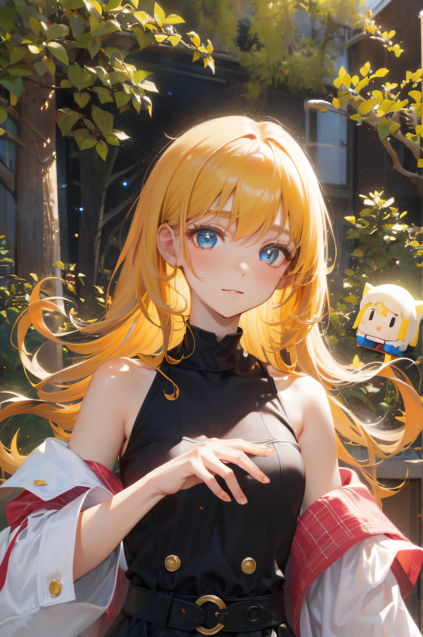 Masterpiece, best quality, super high resolution, fluorescent color,
1 girl, looking at the audience, beautiful face, beautiful eyes, (bare shoulder: 1.2), head up, upper body, forest, shiny hair, shiny skin, glowing cut, chibi, hands not shown: 1.5, black starlight dress, particles