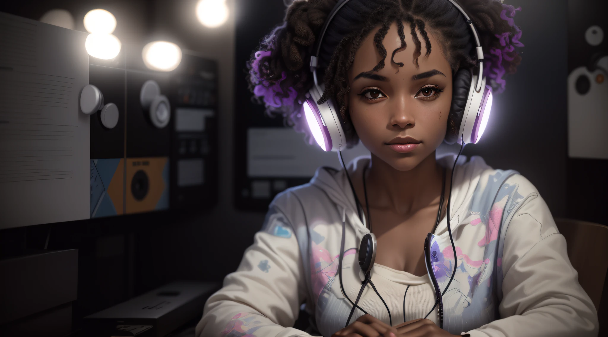 There's a woman sitting at a desk with headphones on and microphone, menina usando fones de ouvido e microfone, foto de retrato, Fones de ouvido DJ Rave, com fones de ouvido e microfone, Listening to music, com fones de ouvido, Fones de ouvido ligados, imagem impressionante, retrato de alta qualidade, foto de retrato detalhada, headphones on head, listening to godly music, Usando fones de ouvido, vibing to music, linda senhora, videoclipe, humor edificante, foto de retrato em close-up