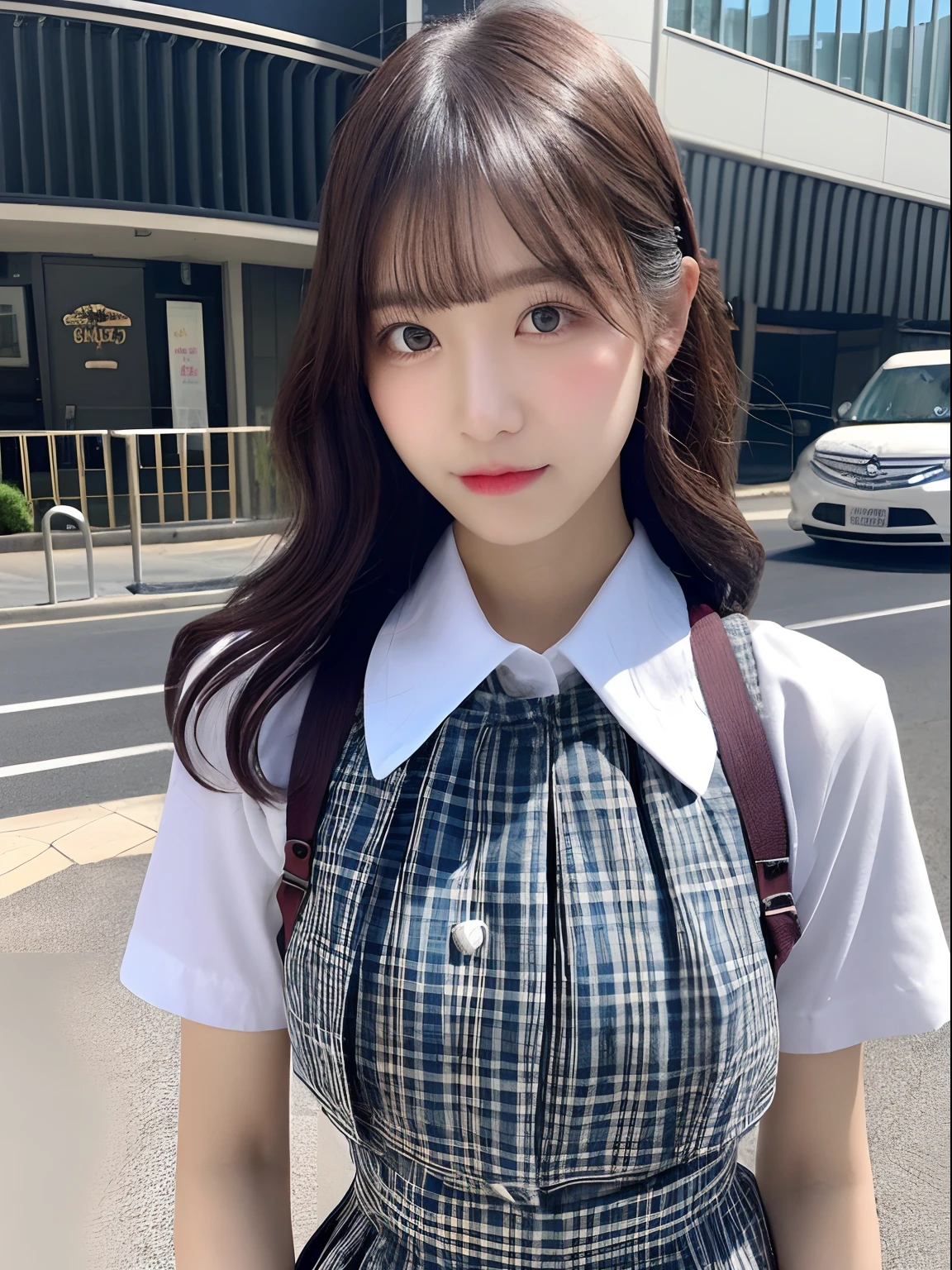 ((top-quality、in 8K、masterpiece:1.3))、foco nítido:1.2、Beautiful girl in perfect style:1.4、A slender、((A dark-haired、Colossal tits、tits out:1.2))、(natural soft light、street snap、TOKYOcty、Harajuku:1.1)、Highly detailed facial and skin texture、A detailed eye、二重まぶた、full of sweat、A sexy、((Uniform 1.5))、JK Suit Plaid Skirt Pleated Skirt Shirt Bow Tie