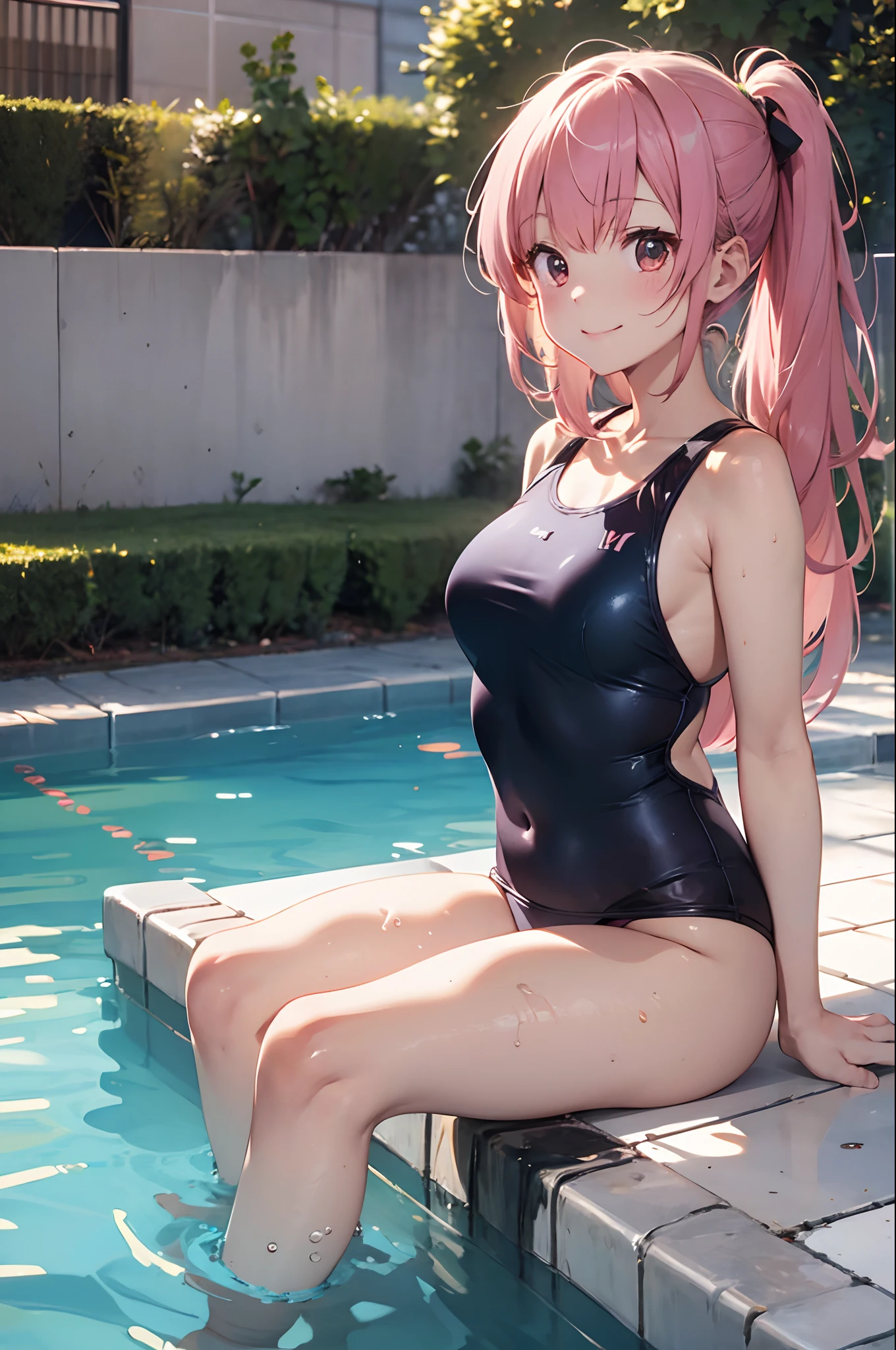 (8K, Raw photography, top-quality, ​masterpiece:1.2), 1girl in, 3 d,Pink hair、The long-haired、His arms folded、Cross-legged sitting、Backless Swimming School Swimwear、Asian,  school poolside、A smile、