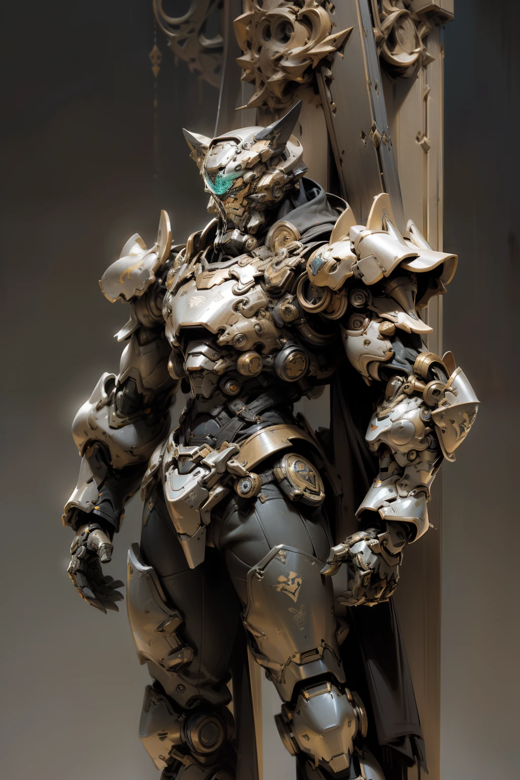 "3D creation of innovative armor, fusing the essence of the T-60 Power Armor from Fallout 4 and Reinhardt's Crusader armor from Overwatch, with vibrant inspiration drawn from the colors of the Mexican jaguar.

This unique armor combines the technological robustness of the T-60 Power Armor with the heroic grandeur of the Crusader armor. Meticulous details, like HDR effects and Ray Tracing harnessing the power of NVIDIA RTX graphics cards, bring the armor to life in a post-apocalyptic world. PBR textures highlight the authenticity of materials and dedication to craftsmanship.

The design pays homage to the Jaguar Knights of Aztec culture, with a color palette borrowed from the beautiful color palette of the Mexican jaguar. Deep shades of black, brown and gold intertwine in geometric patterns that evoke the majesty of the animal. The armor is accurately modeled in Unreal Engine 5, prioritizing proportions and visual detail.

The visual composition follows artistic principles, focusing on the armor with a strategically controlled depth of field. Two-tone lighting brings out the intensity of a Jaguar Knight, with details like subsurface scattering and precise simulation of light-material interaction for an authentic rendering.

In short, this innovative armor fuses futuristic technology with historical and cultural grandeur. The result is a 3D creation that celebrates the strength, bravery, and aesthetics of the Jaguar Knight, while paying homage to the hallmarks of the worlds of Fallout 4 and Overwatch."