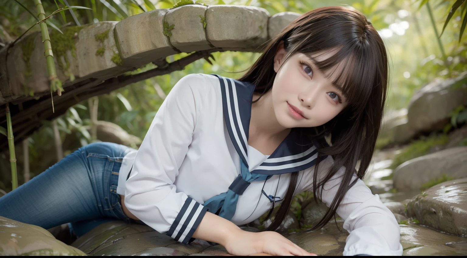 a pregirl，ssmile, looking at viewert, sailor uniformm,skintight jeans，photore, realisticlying, Best quality at best, employee, 详细的脸，Lying on a large mossy stone in a bamboo forest， diffuselighting, depth of fields