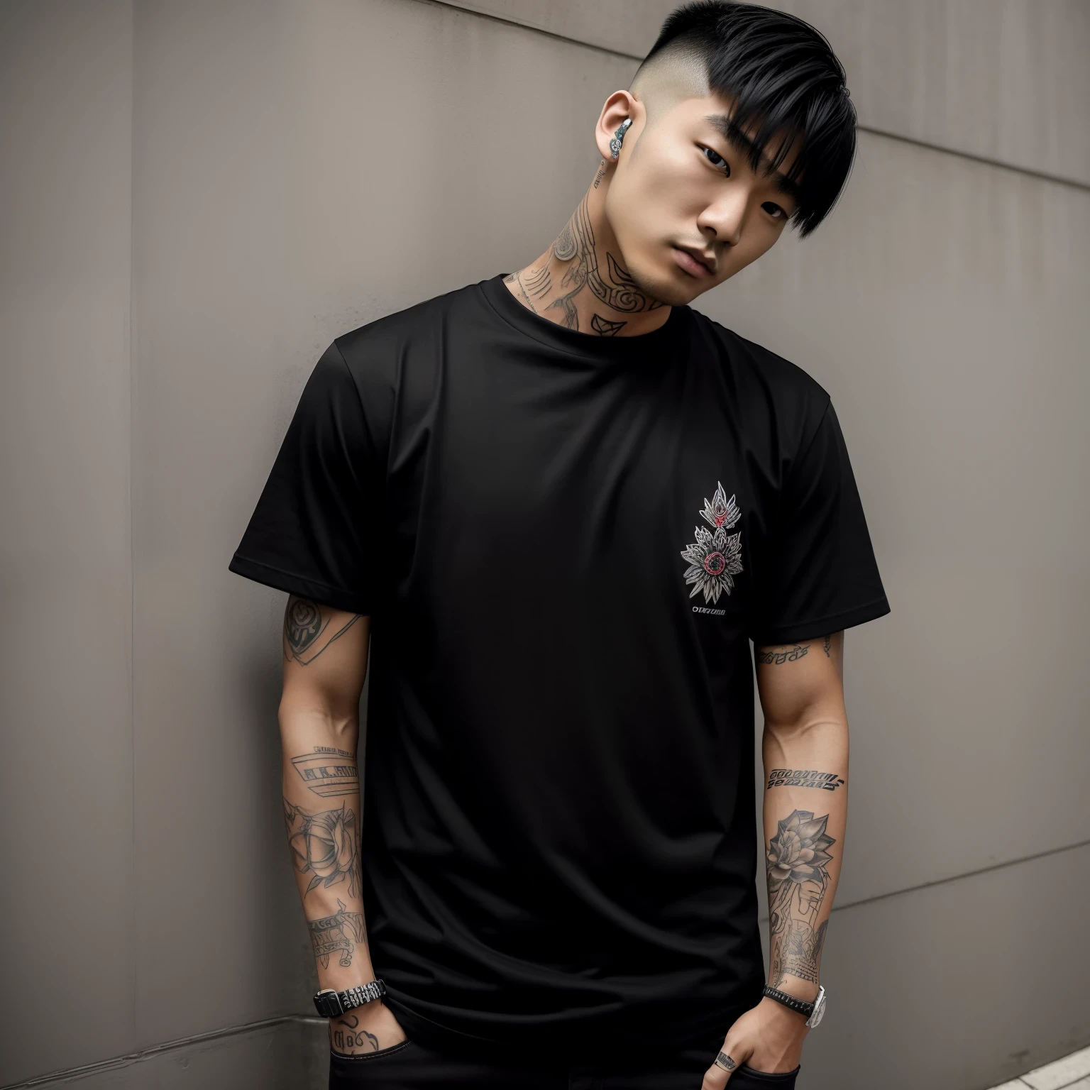 young asian man, coreano, rapper coreano, cabelos escuros, cabelos pretos e lisos, corte mediano , homem forte, arm tattoos, Neck strap. He's wearing a black T-shirt and black jeans, calcado escuro, esta em uma floresta , olhos escuros