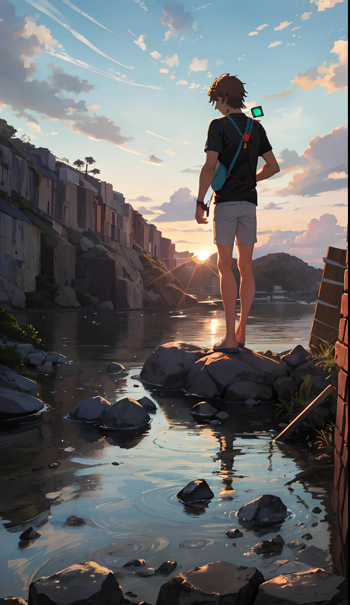 Menino anime sentado em uma pedra olhando pro por do sol com fones de ouvido