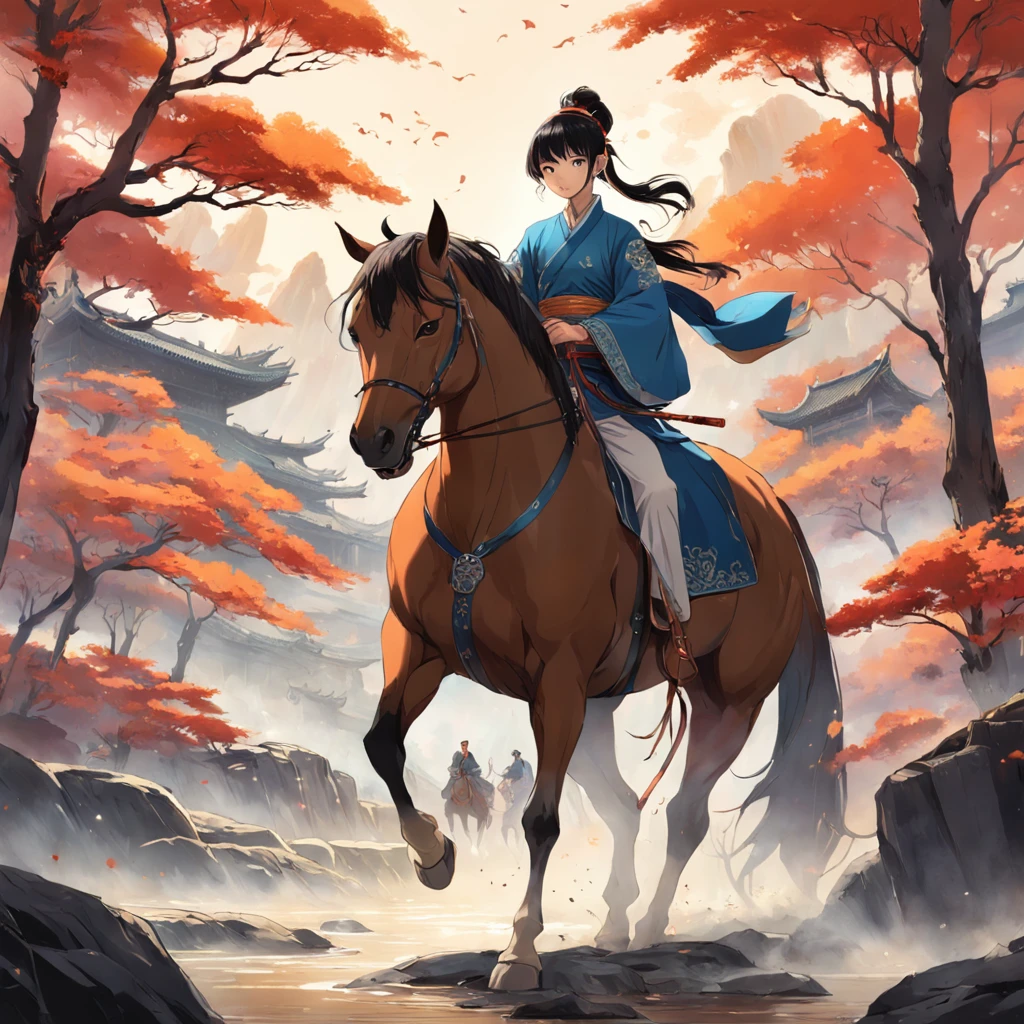 A handsome Wang Ye of ancient China,On horseback riding,The background is a grove