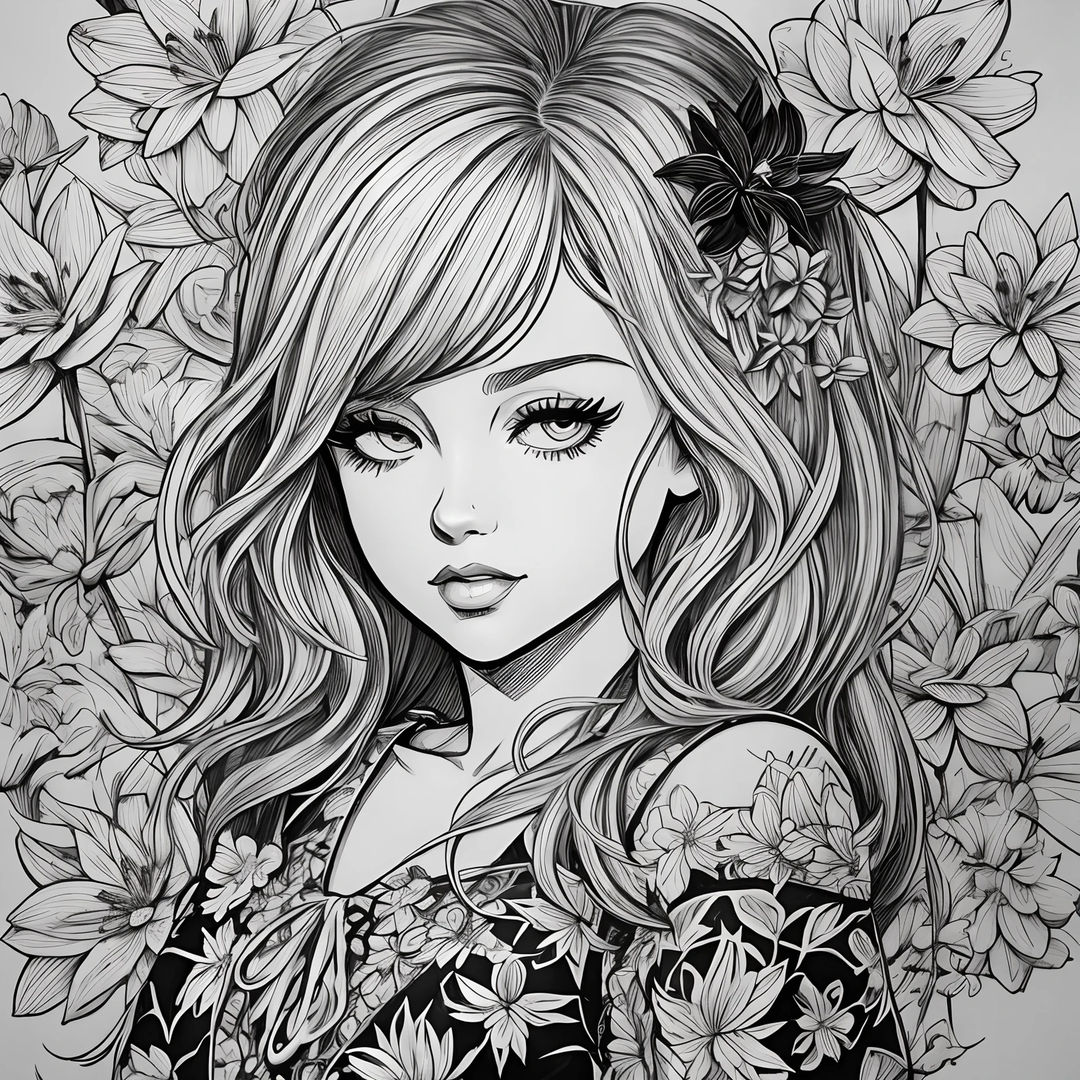 Black and white stick figure girl with river lillies flower in background, in dress with flowers, its fine ink line art, comic style, portrait of ploynesian girl, Marilyn Munroe, Hollywood glam, beautiful line art, black and white comic style, manga style, manga art style, pencil and ink caricature drawing, black and white coloring --auto --s2