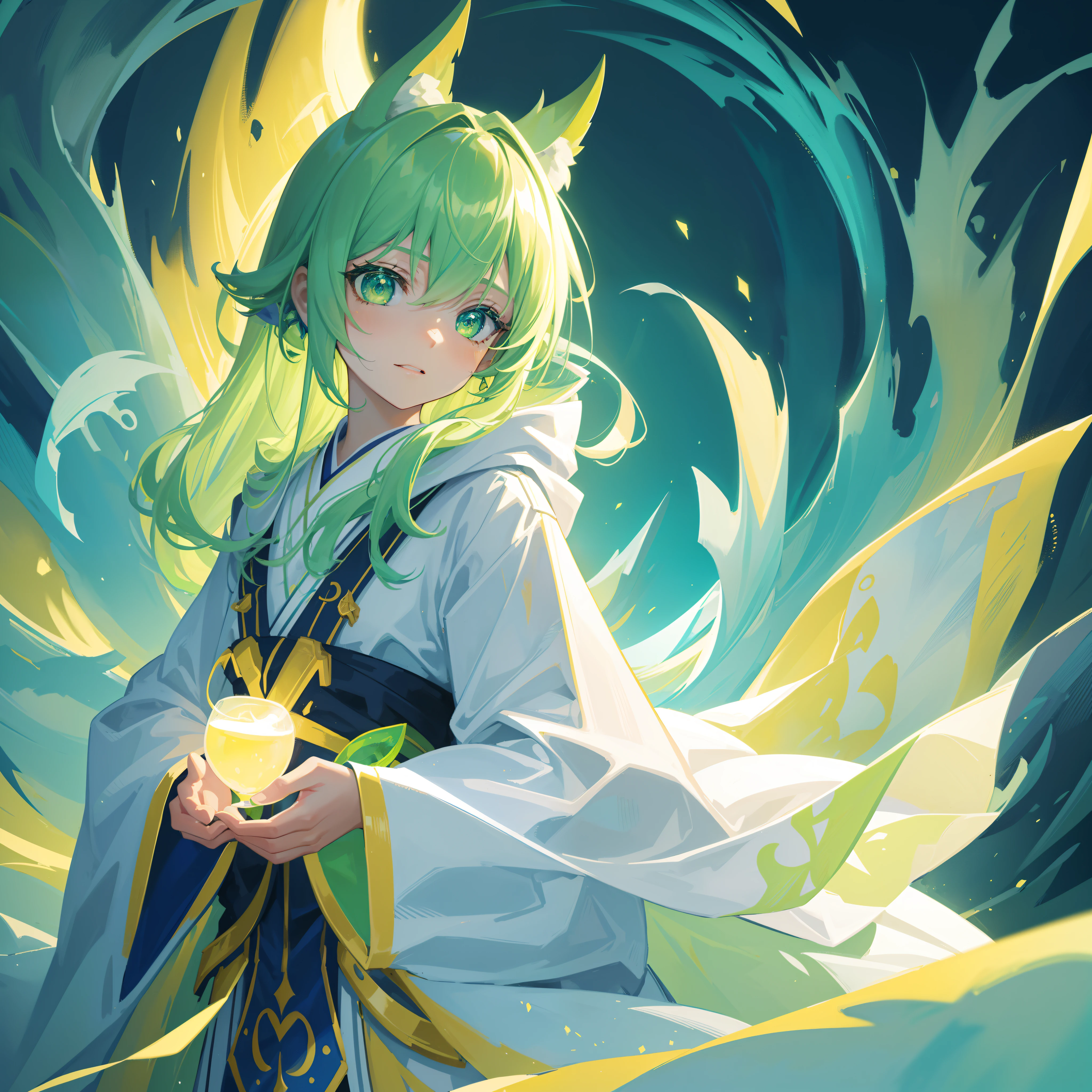 {{Best quality}}, {{Masterpiece}}, {{super ultra detail}}, {{illustration}}, {{Detailed light}}, one-girl，Lime yellow，Gradient, Turquoise eyes, Loli style, beast ear，The robes of the priests，(Dynamic lighting:1.2)，