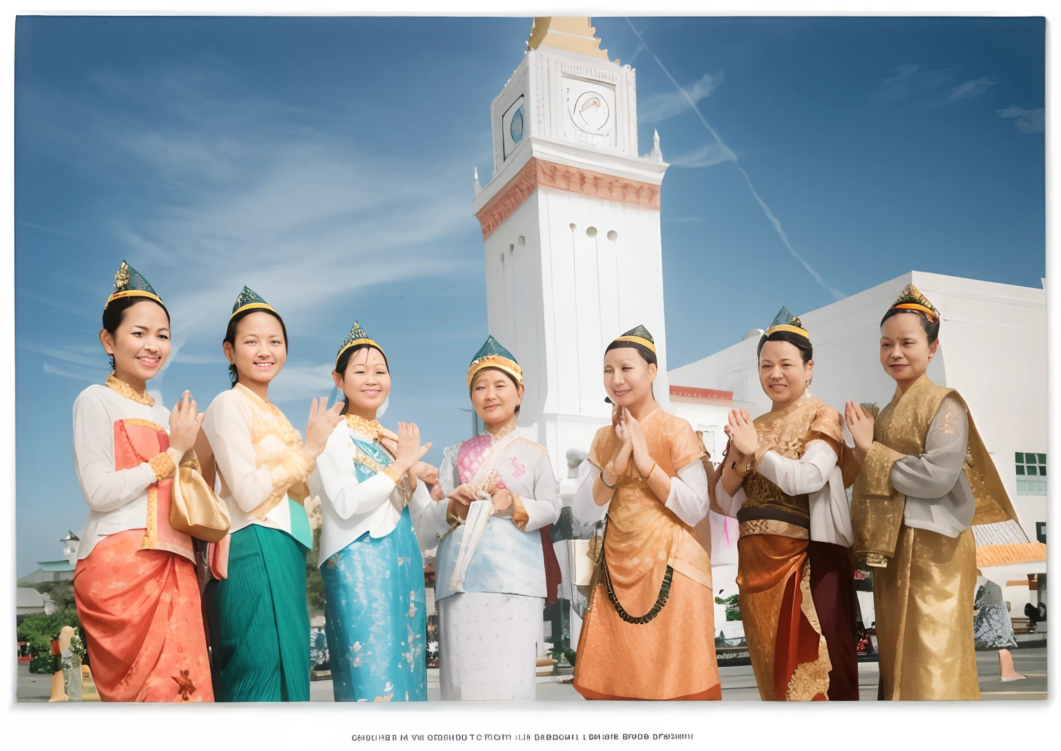 several women in colorful outfits are standing in front of a clock tower, Thailand costume