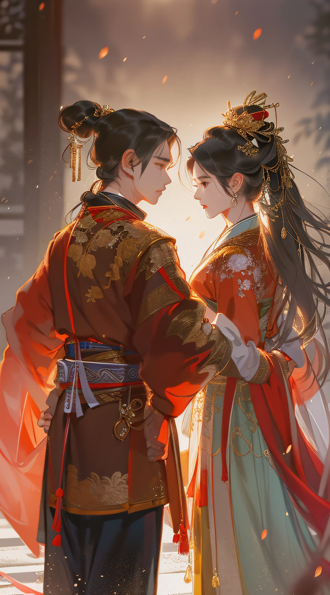 An ancient Chinese handsome boy and a beautiful girl, full body portrait, looking at each other, gentle eyes, clear facial features, wearing red Hanfu, kingly temperament, movie edge light, delicate light, masterpiece, super detailed, epic composition, super HD, high quality, highest quality, 32k