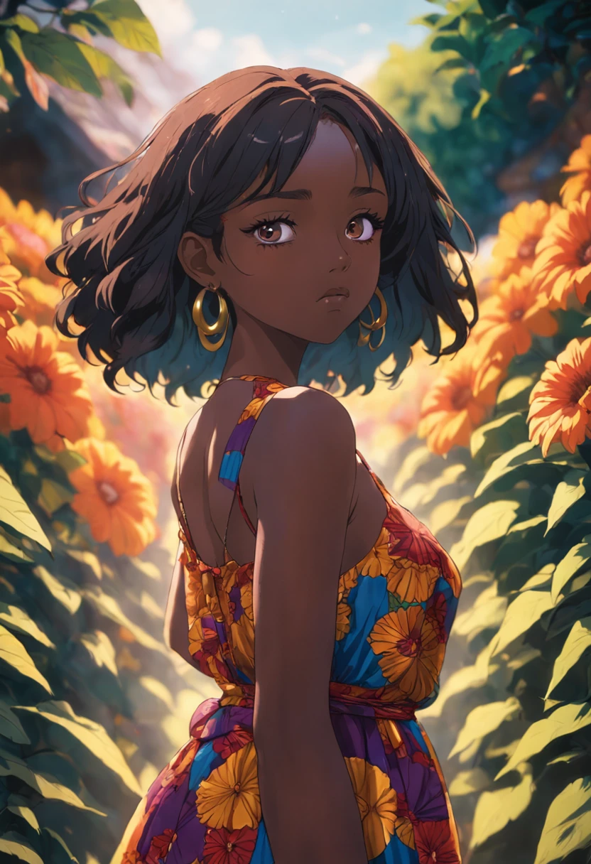 (Beauty shot:1.3) photo of a beautiful black girl, wearing kente dress, standing, upper body framing, in a flower garden, with diffused lighting, from a eye level, shot on a Hasselblad 500CM with a Voigtlander Nokton 50mm f1.1 lens, in the style of (Richard Avedon:1.4)