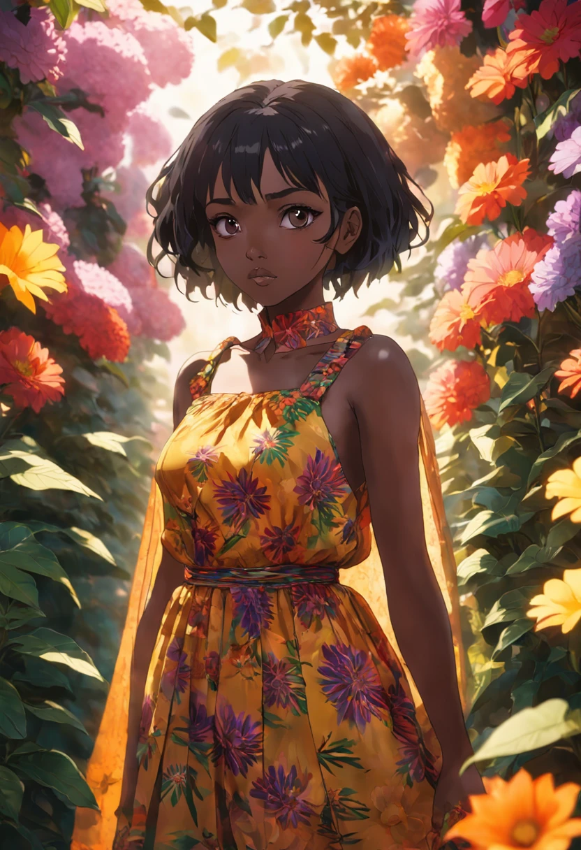(Beauty shot:1.3) photo of a beautiful black girl, wearing kente dress, standing, upper body framing, in a flower garden, with diffused lighting, from a eye level, shot on a Hasselblad 500CM with a Voigtlander Nokton 50mm f1.1 lens, in the style of (Richard Avedon:1.4)