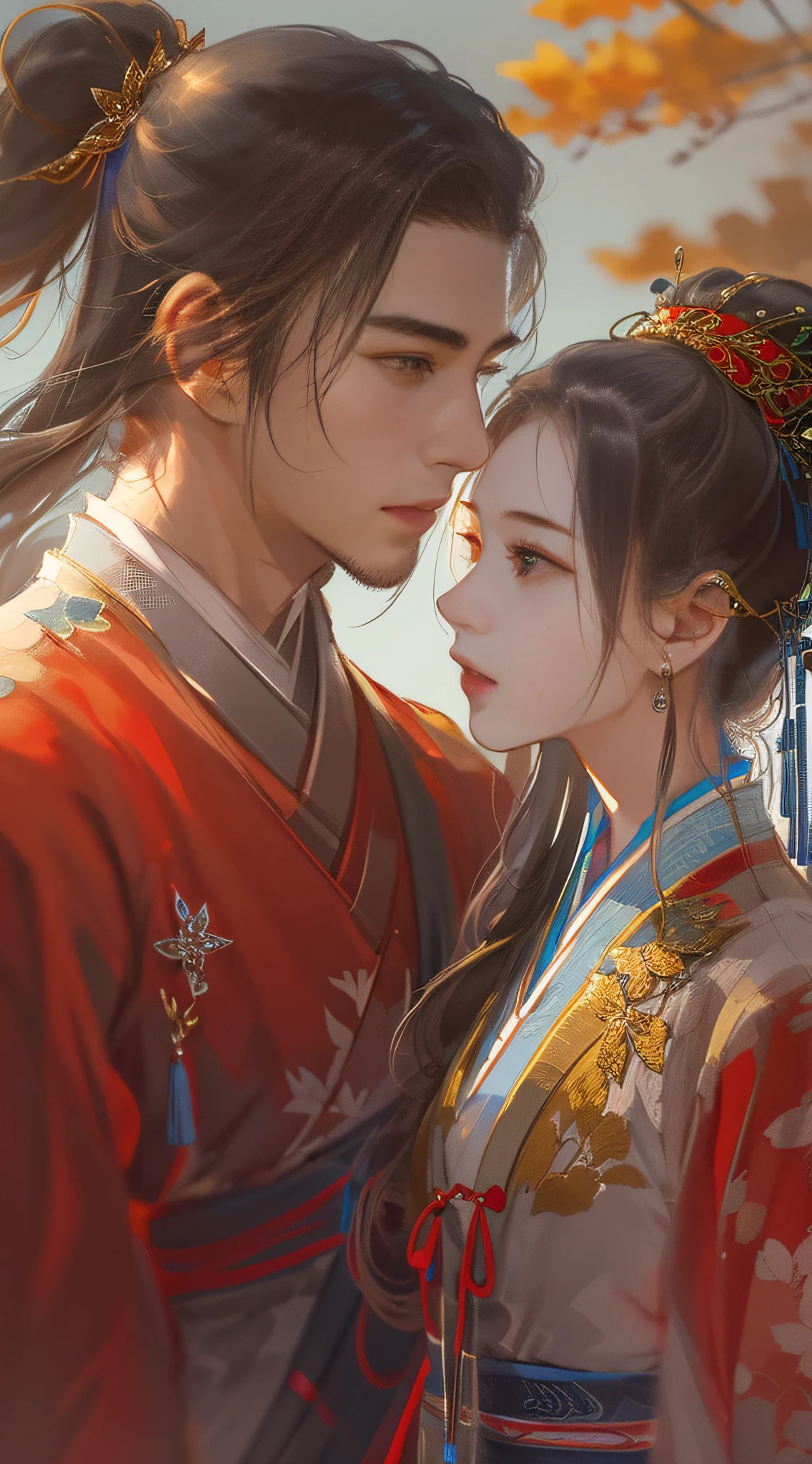 An ancient Chinese handsome boy and a beautiful girl, full body portrait, looking at each other, gentle eyes, clear facial features, wearing red Hanfu, kingly temperament, movie edge light, delicate light, masterpiece, super detailed, epic composition, super HD, high quality, highest quality, 32k