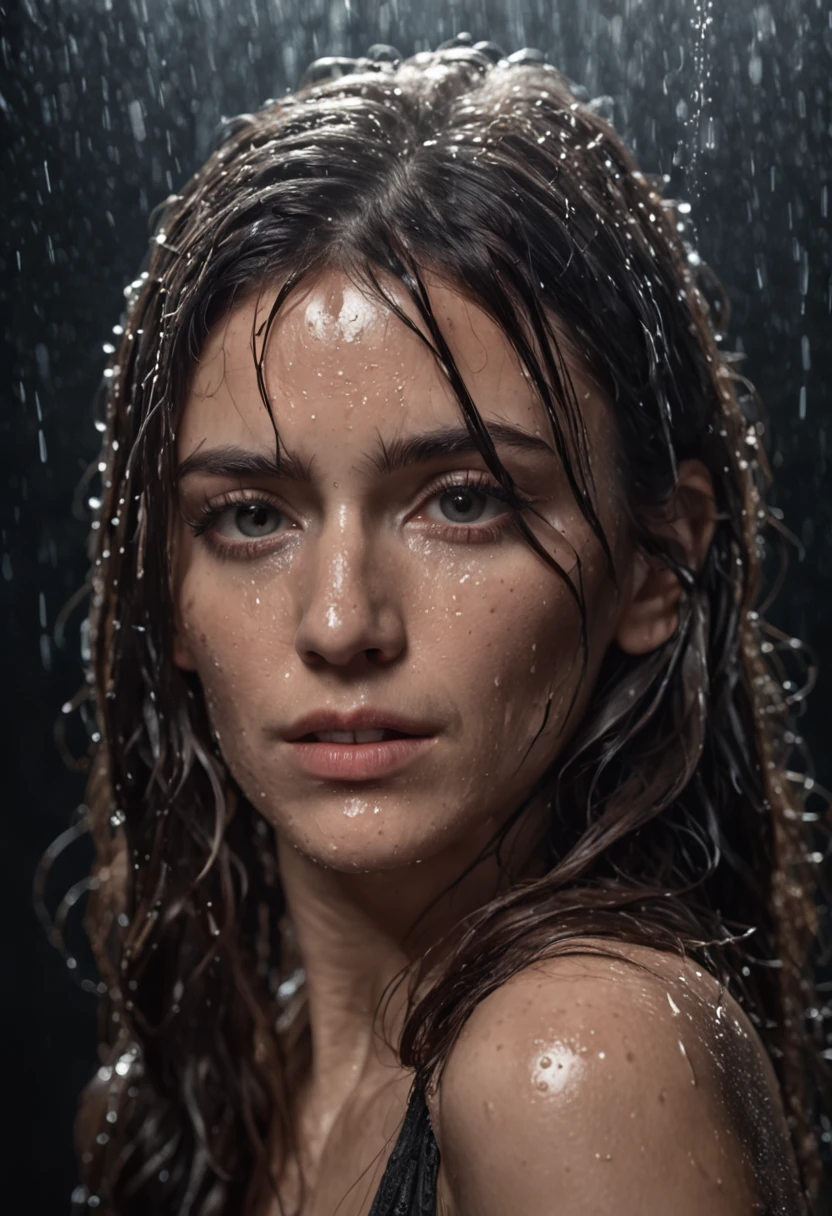 a close up of a woman with wet hair and a black background, crying fashion model, photography of albert watson, tears dripping from the eyes, wet dripping hair, awesome and moody, by irakli nadar, tears running down face, 8k artistic portrait photography, rain drops on face, black and white artistic photo, sultry expression, emotive portrait, close up, portrait, macro lens, 100mm 1.8, dramatic pose, award winning portrait, crystal clear, micro-details, eye portrait