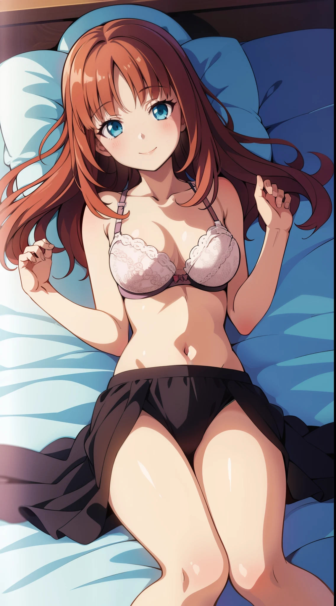 1girl, solo, luminernd, (lingerie), lying on bed, smiling, (from above view)