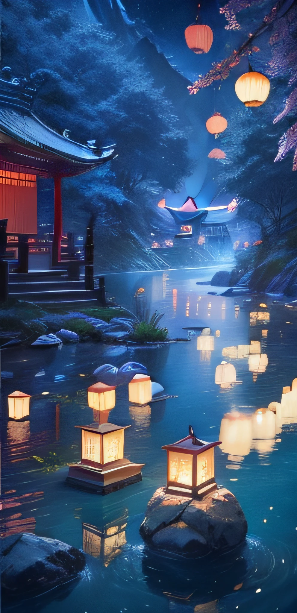 真实感，Chinese Ancient Times，by lake，River lamps，summertime，July and a half，the night，rays of moonlight