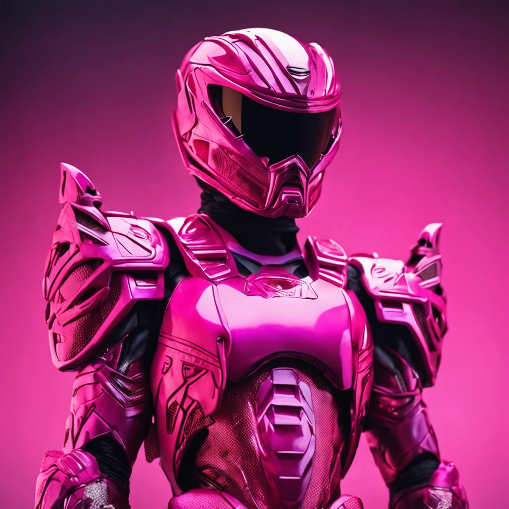 Portrait of futuristic pink Power Ranger from space, fashion, editorial, fotografia editorial, capa de revista, 4k, boneca, intricate details, black studio background, fundo preto, black background ::n_ low quality, full body, face, signature, mark, watermark, text, deformed, deformed eyes, deformed helmet, fundo rosa, pink background