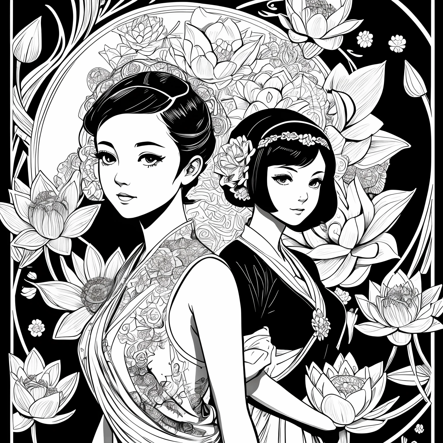 Black and white stick figure girl with lotus flower in background, loli in dress with flowers, its fine ink line art, comic style, portrait of magical marilyn munroe beautiful line art, black and white comic style, manga style, manga art style, pencil and ink caricature drawing, black and white coloring