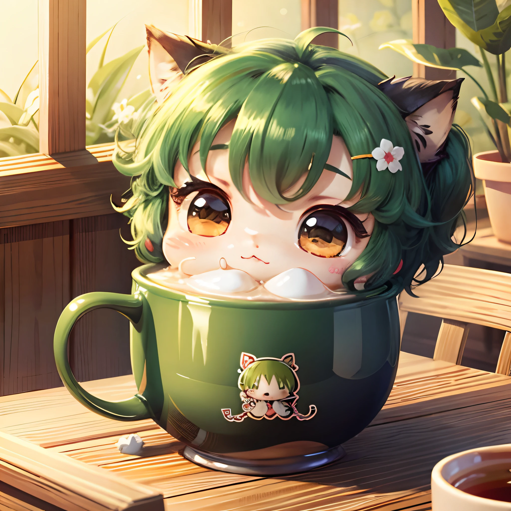 Cute chibi anime in a cup, Wear a green kimono., Drink tea, logo