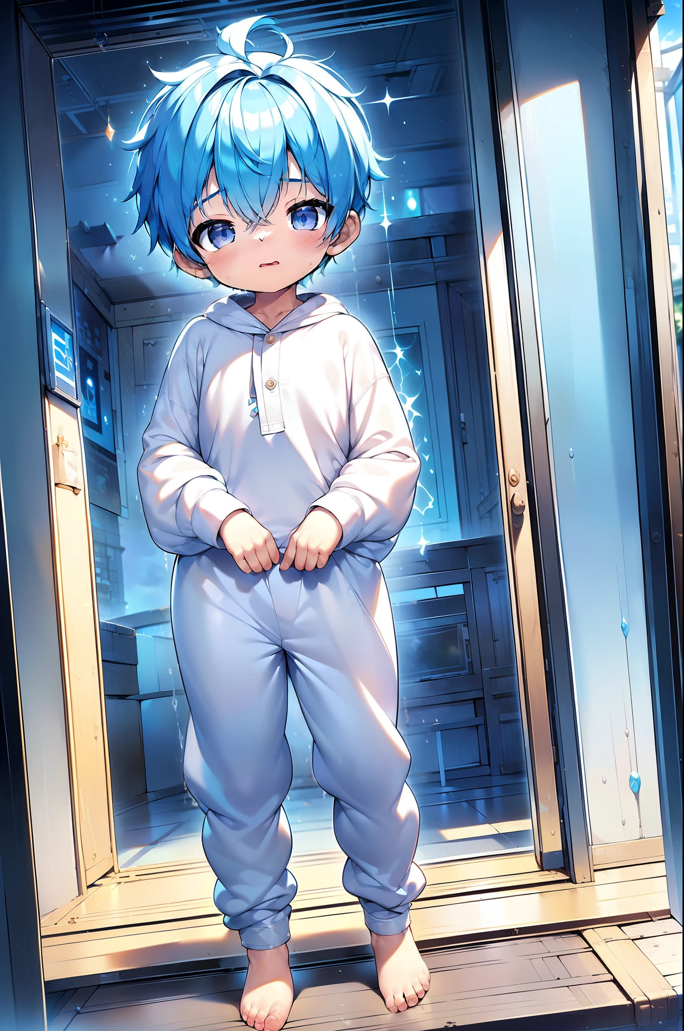 4k, (Masterpiece:1), ********** with blue colored hair and shiny, glowing cyan eyes and barefoot, standing on field, epic, cinematic, young, boy, child, small, toddler, tiny feet, focus on feet, feet, blushing, (Young:1.4), (Child:1.4), (Shota:1.4), (male:1.4), (boy:1.4), (divine clothes:1.4), (epic:1.4), (posing:1.4), (cinematic:1.4),