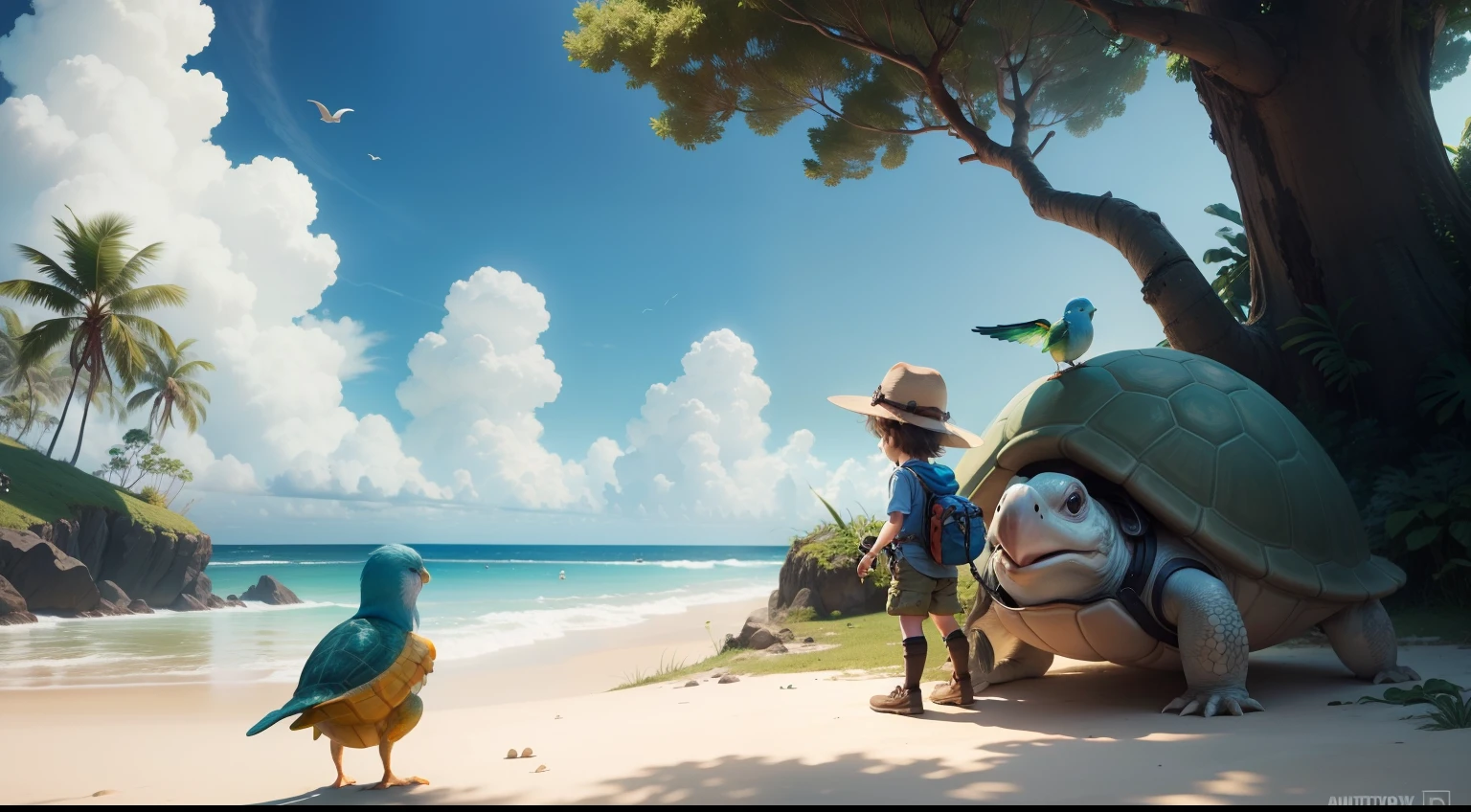 Pip the adventurous boy became friends with a friendly turtle and a very funny talking bird. Numa festa entre animais na ilha misteriosa.
