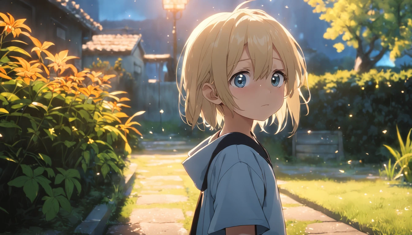 A 6-year-old blonde boy standing in a garden, alta qualidade, Foco claro (mess - house: 0.8), (obra-prima: 1.2) (realista: 1.2) (Bokeh) (melhor qualidade) (pele detalhada: 1.3) (detalhes intrincados) (8k) (Detalhe Olho) (foco nítido), (assustado) (various poses) Desenho