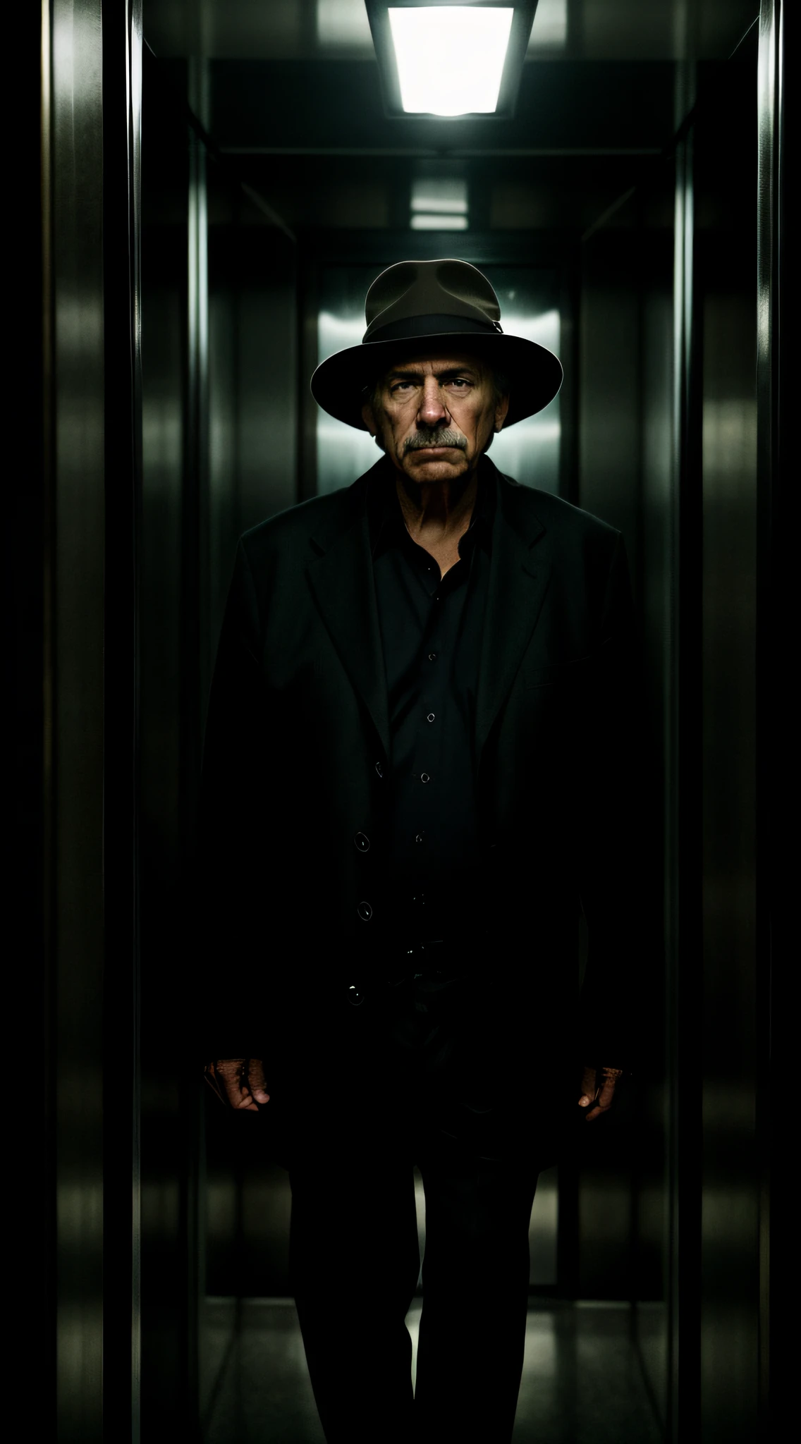 In the elevator,overcast light,Sixty-five-year-old man,Terrified expression,Natural expression,Serious face