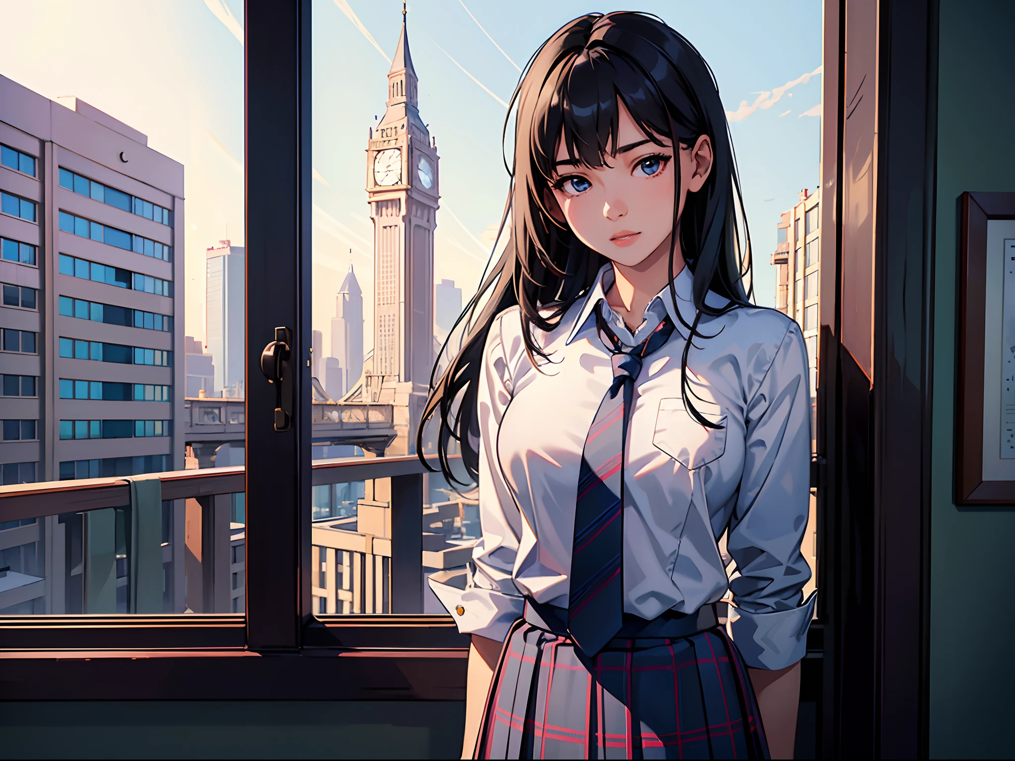 (masterpiece)), ((best quality)), (ultra-detailed), realistic, 8k, wallpaper, beautiful, high resolution, a closeup of a young asian girl wearing blue plaid skirt, 1girl, solo, realistic, necktie, skirt, school uniform, black hair, jewelry, long hair, head tilt
