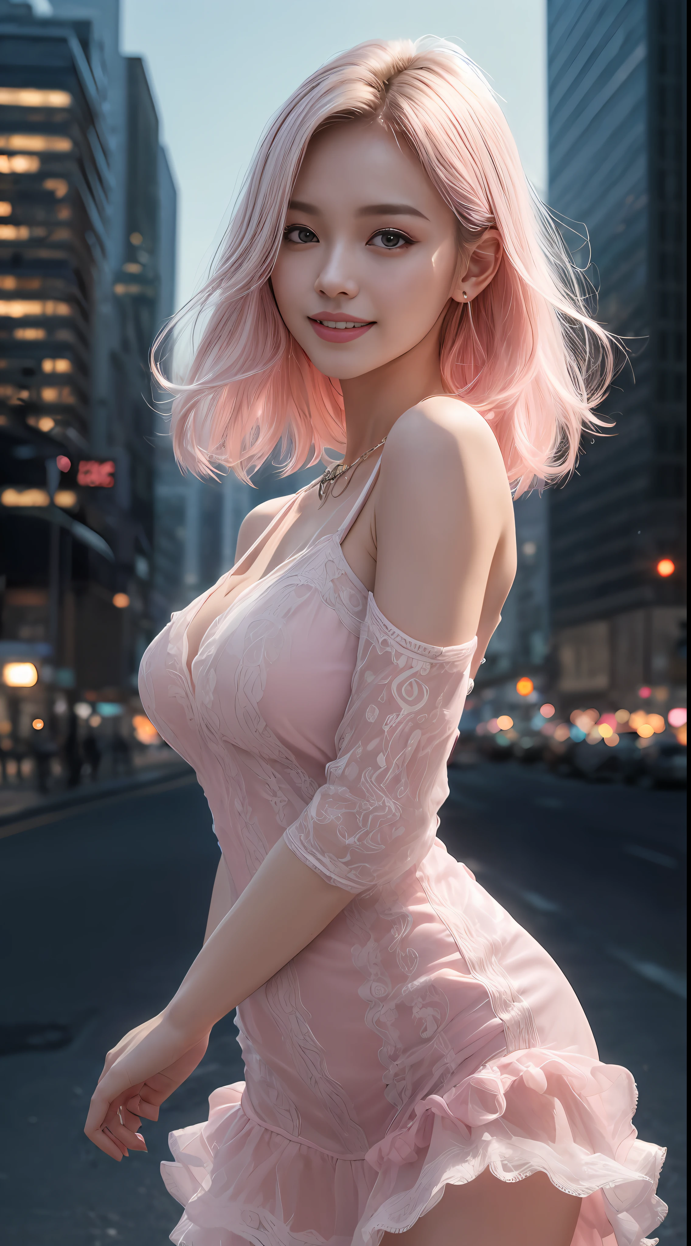 8k, masterpiece, RAW photo, best quality, photorealistic, extremely detailed CG unity 8k wallpaper, Depth of field, Cinematic Light, Lens Flare, Ray tracing, (extremely beautiful face, beautiful lips, beautiful eyes), intricate detail face, ((ultra detailed skin)) 1girl, in the dark, deep shadow, pretty korean girl, kpop idol,(very slim slender fit-muscled body:1.3), ((looking at viewer)),(big smile:1.3), (tight mini dress), (shot sleeve) , (dim lights, (neon sign), (big building), city night, cityscape ), (without people in the background:1.3), pretty korean girl, earrings, bracelets, dia necklace, pantyhose, clear eyes, walking , front shot, (pale skin), face forward, (big eyes), ((upper body shot)), ((silk Laced)), ((pink, white color dress:1.3)), (looking at viewer:1.3), (see through, laced dress), open breasts, Hermes bag