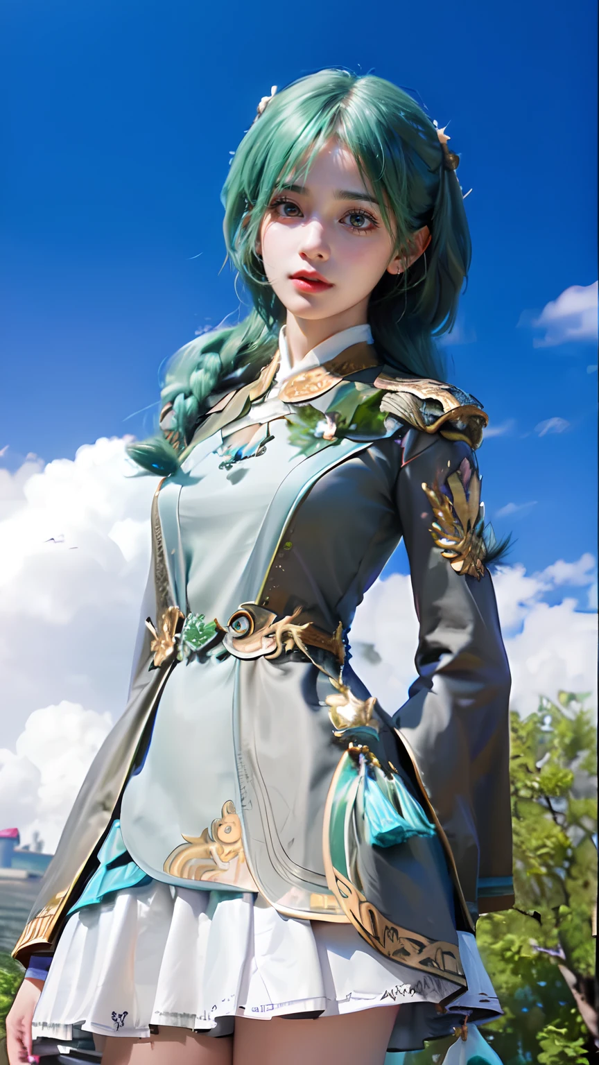 Detailed woman face looking at camera, dark- green eye