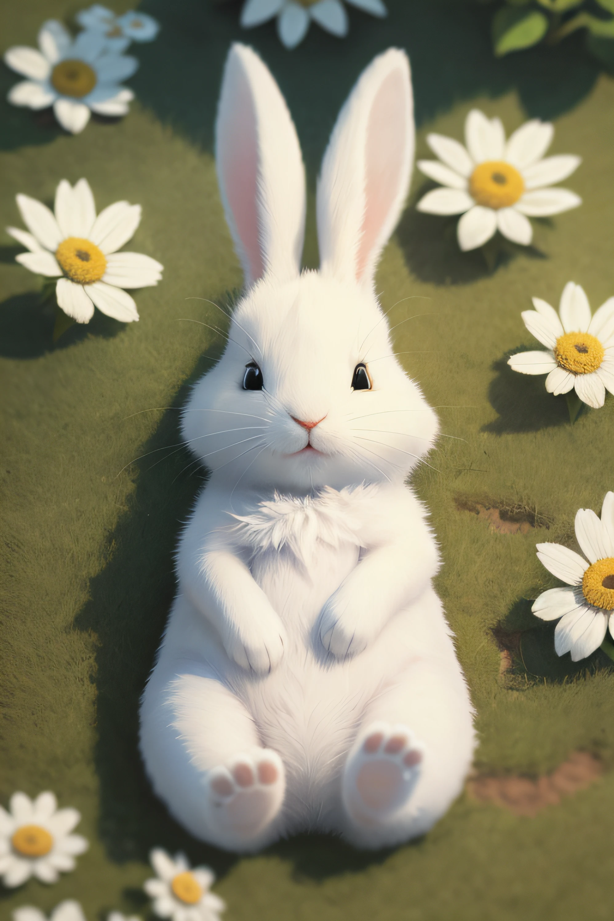 A white rabbit lies on the lawn,and the sun was shining brightly,cheerfulness,Go to bed