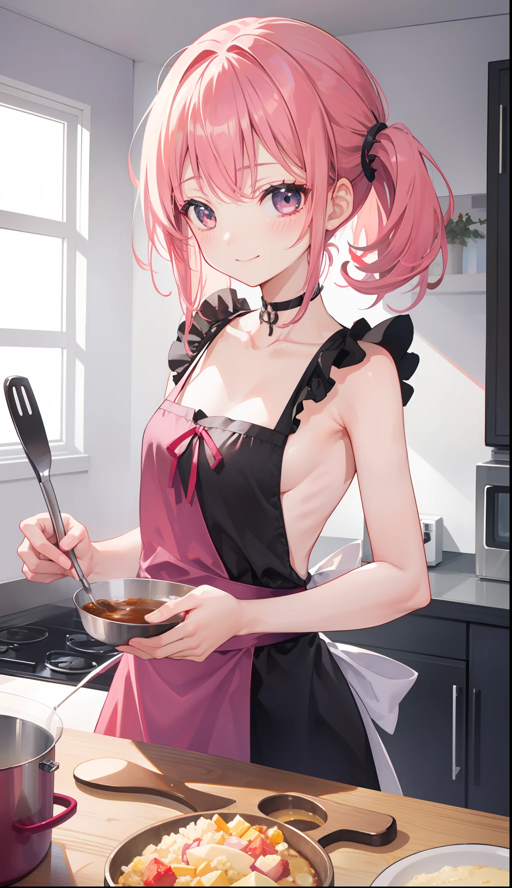 1girl in、A smile、Cooking in your room、barechested、Wearing only an apron、((small tits))、
