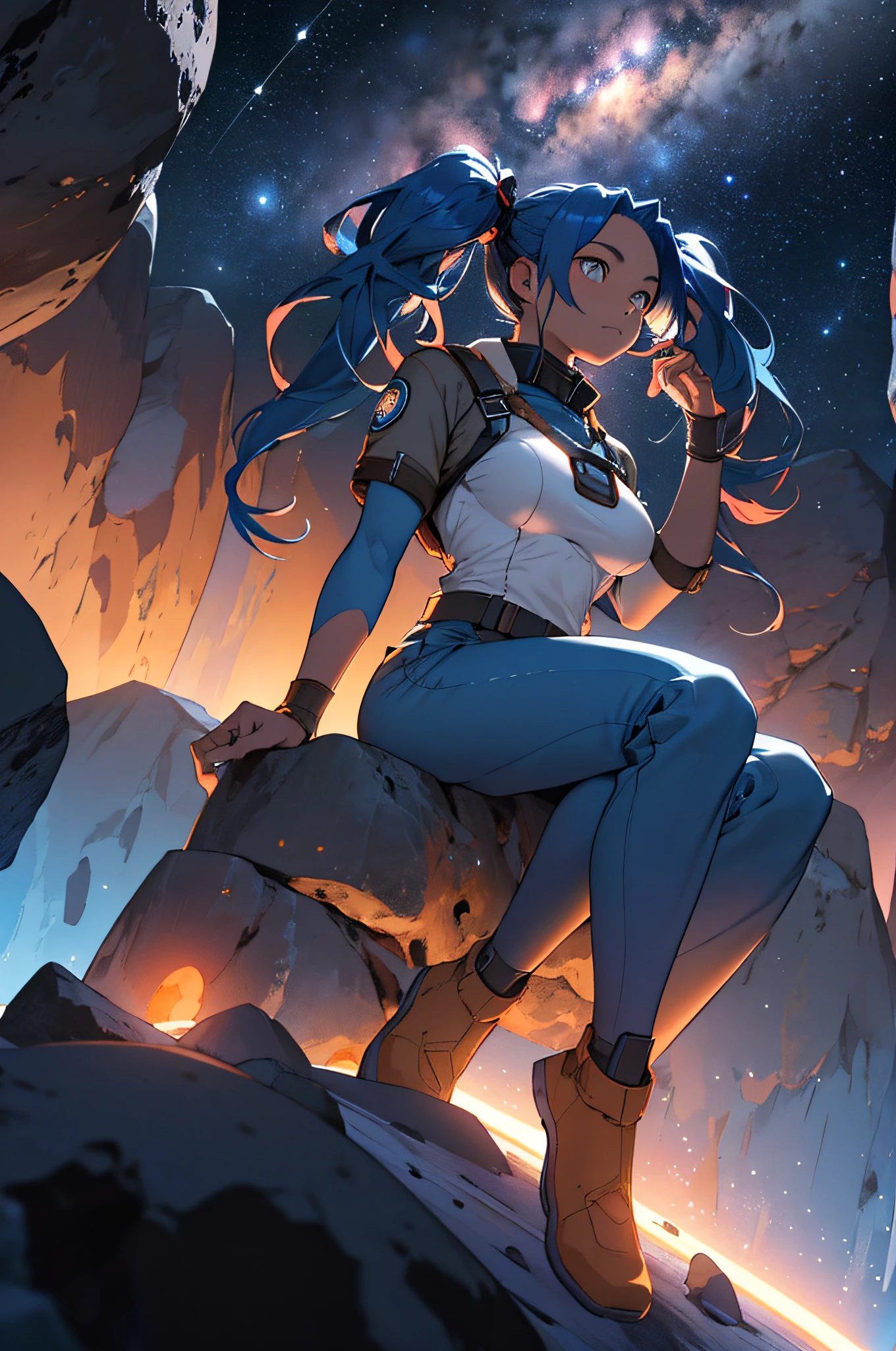 Draw a young programmer, sitting on a research platform floating in the middle of an asteroid belt. she is studying with a notebook, surrounded by several asteroids glowing with fiery auras. Dramatic lighting from distant stars and planets illuminates the scene, casting deep shadows on the suit. The young woman looks confident and determined, looking at the vast and mysterious universe with wonder and respect, cowboy shot, deep blue hair, twintails, big breast,