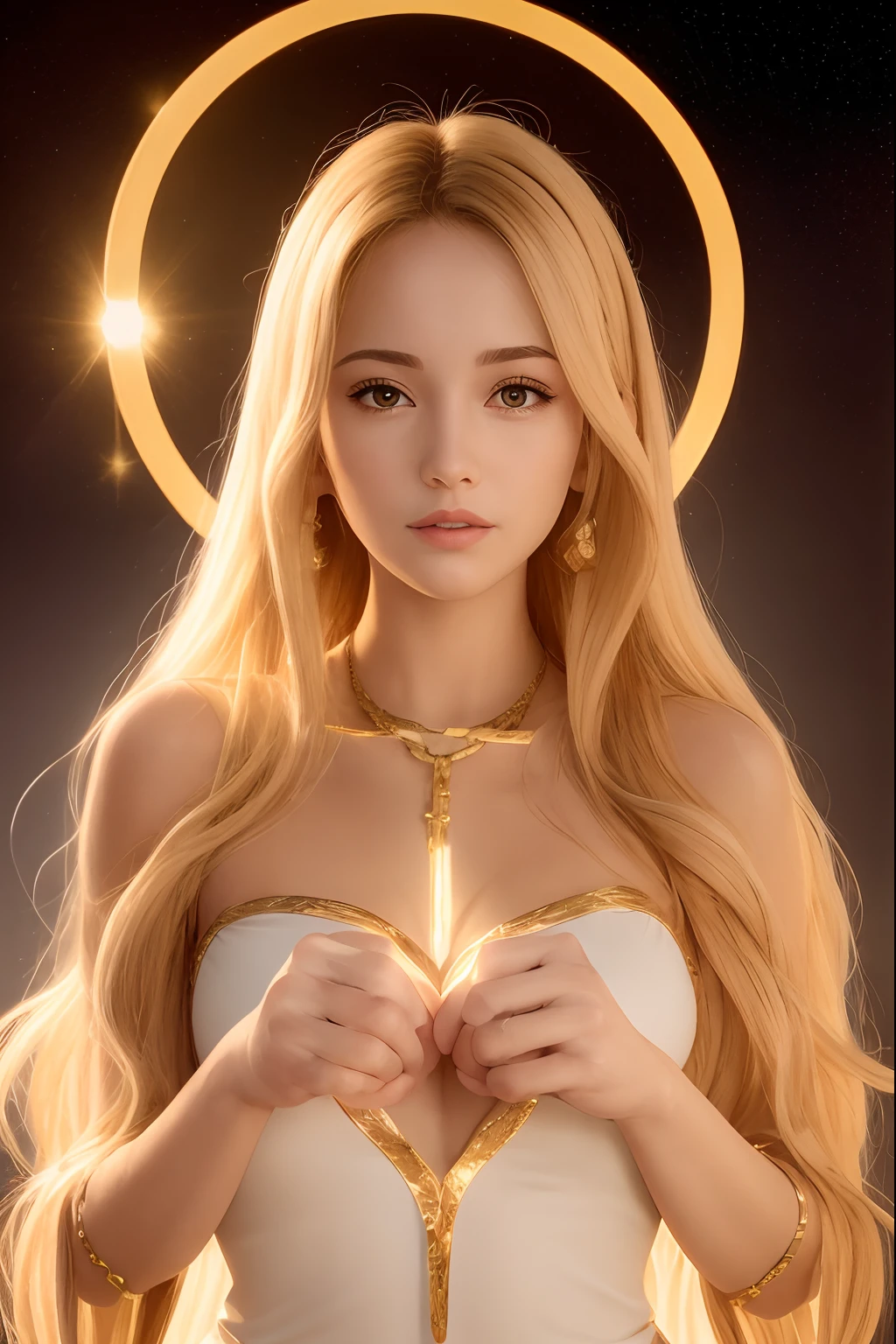 An image of a woman in a white dress holding a heart of Arafo, trending on cgstation, Anime goddess, the sailor galaxia. Beautiful, angelic golden armor, Ross Tran 8 K, IG model | Art germ, wearing angel halo, golden halo behind her head, Portrait Chevaliers du Zodiaque Fille, karol bak uhd, beautiful gold saint, Goddess of Light 1girl，looking at viewer，simple background ，solo