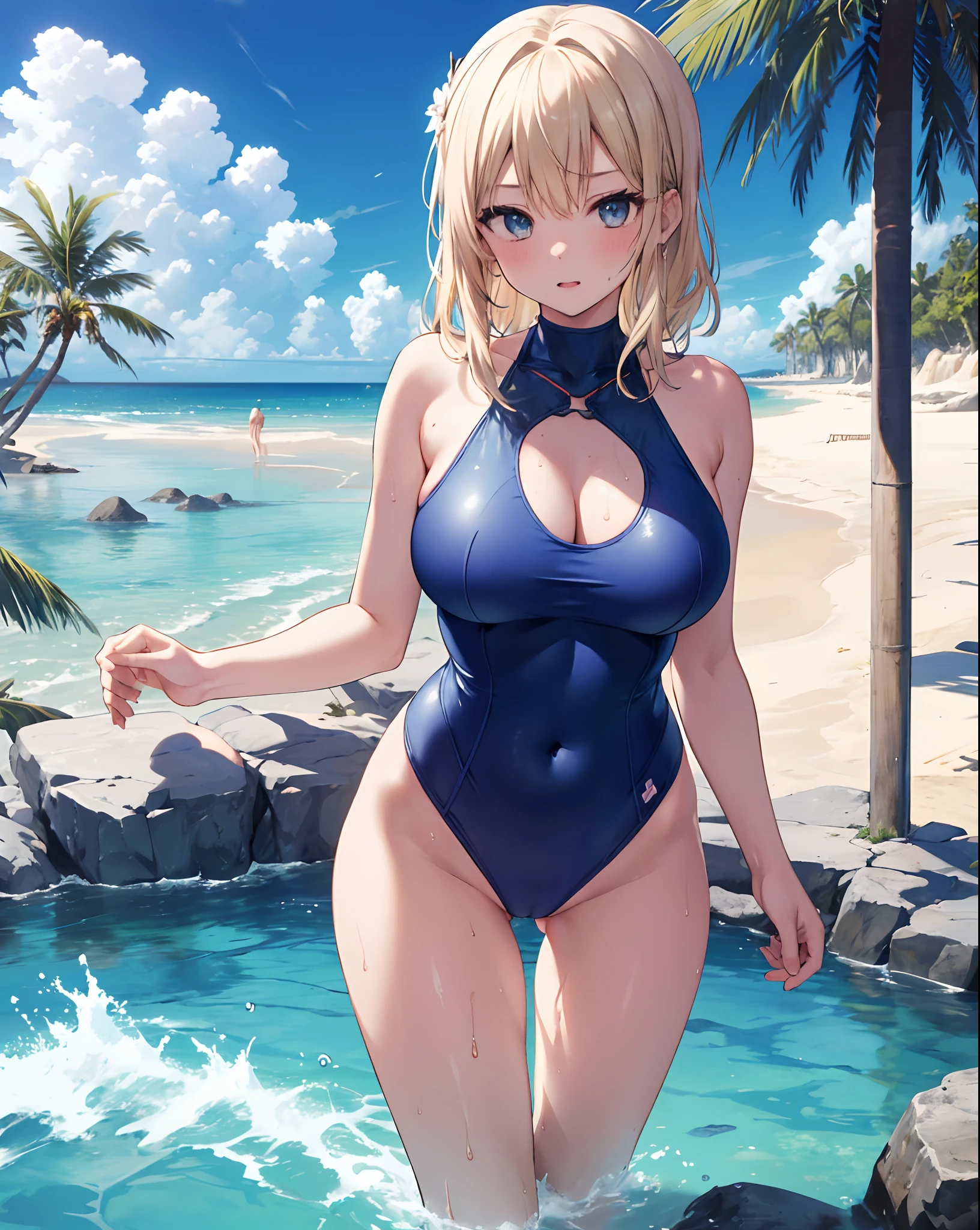masterpiece,best quality,
1girl,solo,large breasts, marierose,blue one-piece swimsuit, standing,cowboy shot,
water,sand,sea,wet,
