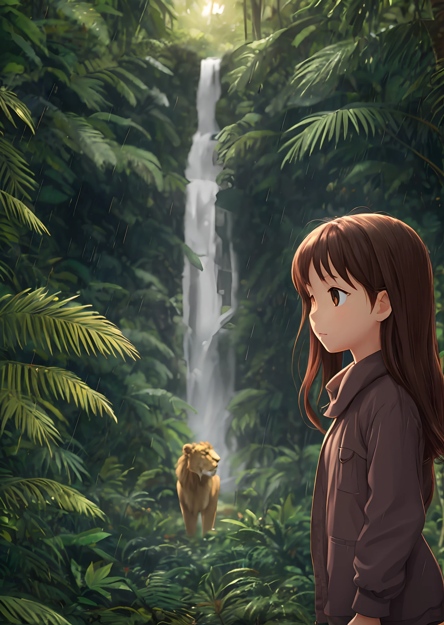 A young girl with a lion in a rain forest, animated --auto --s2