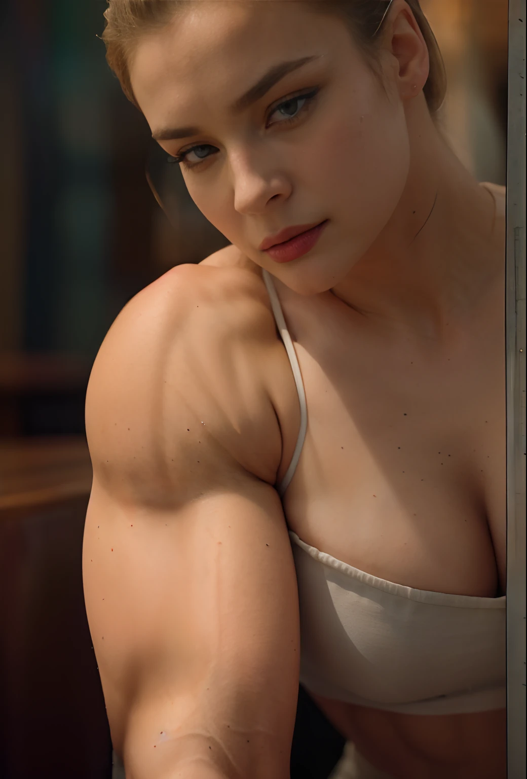 Daisy Ridley in bed, (flexing bicep pose:1.45), long flowing hair, blue eyes, seductively smiling, flirtatious, abs, Real Life, full bodyshot, (Ultra Realistic:1.4), Photorealism, Photography, 8K UHD, Photo, HDR, Complex and Elegant, Highly Detailed, Sharp Focus, Stunning, Beautiful, (Gorgeous: 1.2), Best Quality 1:1, Ultra Detail: 1.4, Best Shadows, (8k: 1.1), (beautiful detailed face), high contrast, (perfect lighting: 1.2), ((cinematic light)), colorful, hyper-detail, dramatic light, intricate detail, photograph by arny freytag, muscular