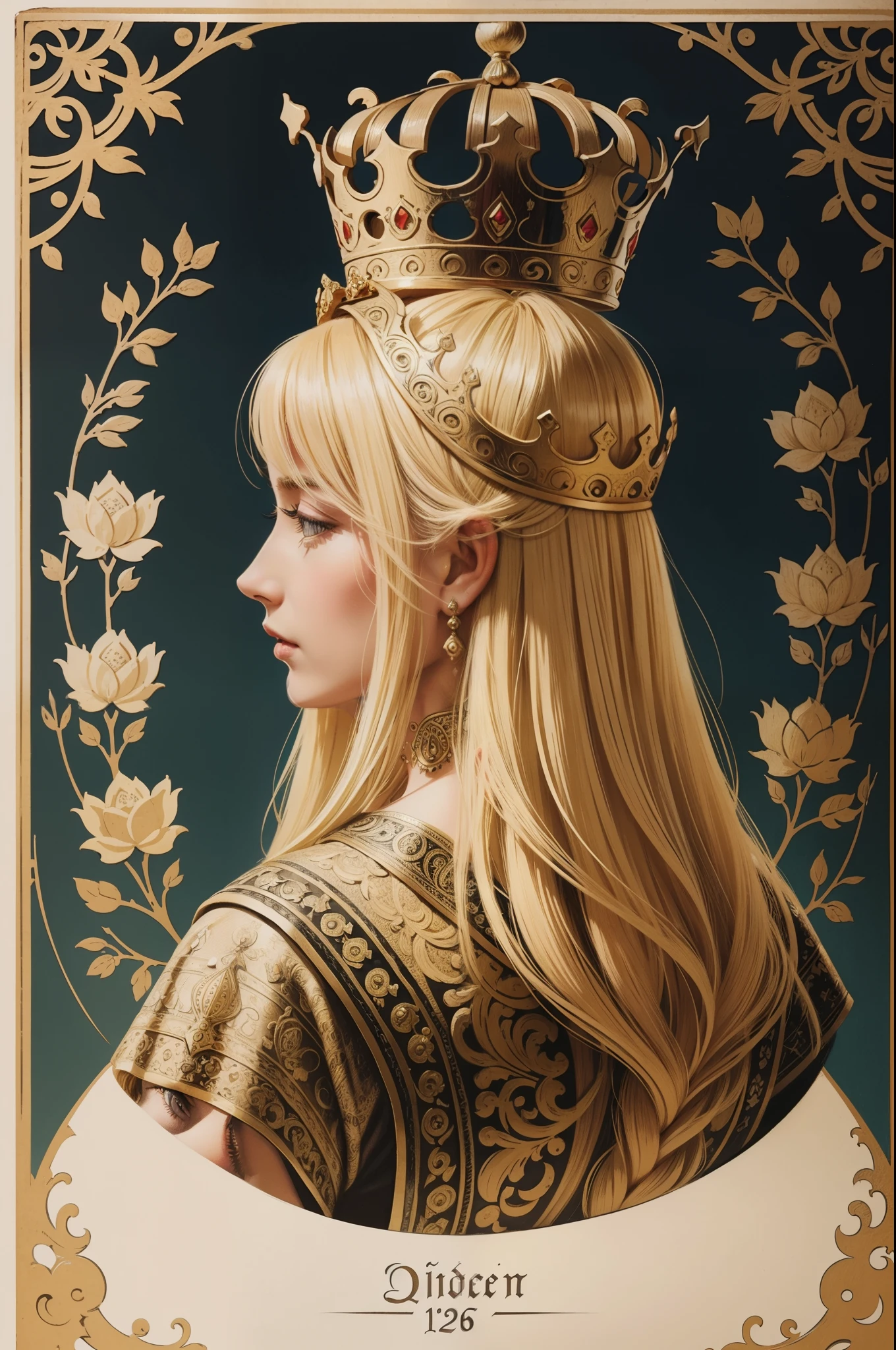 Vintage Illustration, blonde queen with crown from back view, Ancient ornamental illustration, 12 century, 1000ad, ancient ornament, extremely detailed, rustic, 8k, 16k, amazing resolution, extremely sharp, detail, masterpiece