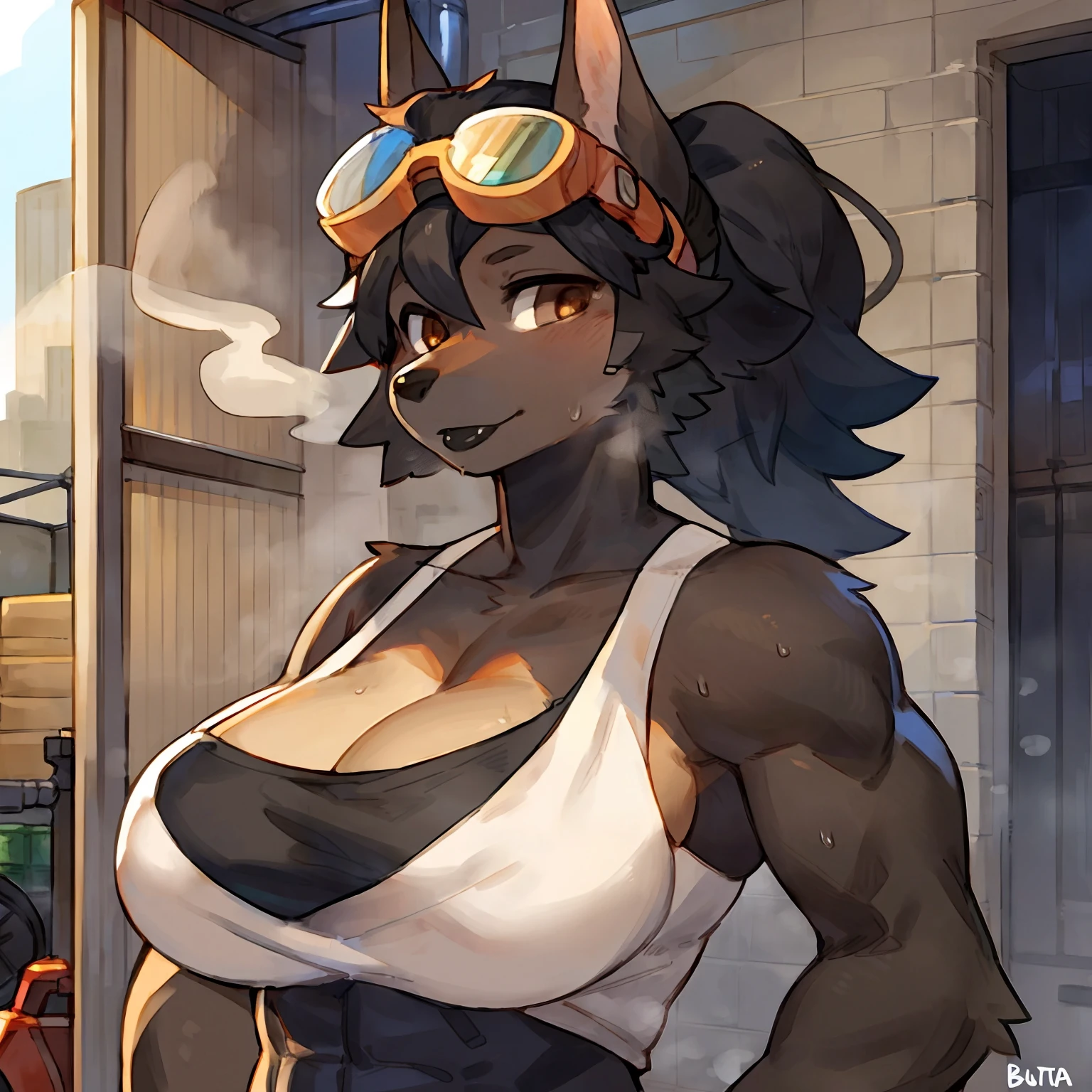 solo, female, standing, canine, black fur, black body, black hair, pompadour, pompadour haircut, lips, black lips, black nose, tall ears, dobermann, snout, brown eyes, detailed eyes, detailed hands, muscular, big breasts, large biceps, white tank top, cleavage, abs, sweat, steam, baggy cargo pants, goggles, garage, open garage door, city, smog, smoggy, smoky, hazy, factories, smokestacks, by glitter trap boy, by buta99, by bebebebebe, by chelodoy