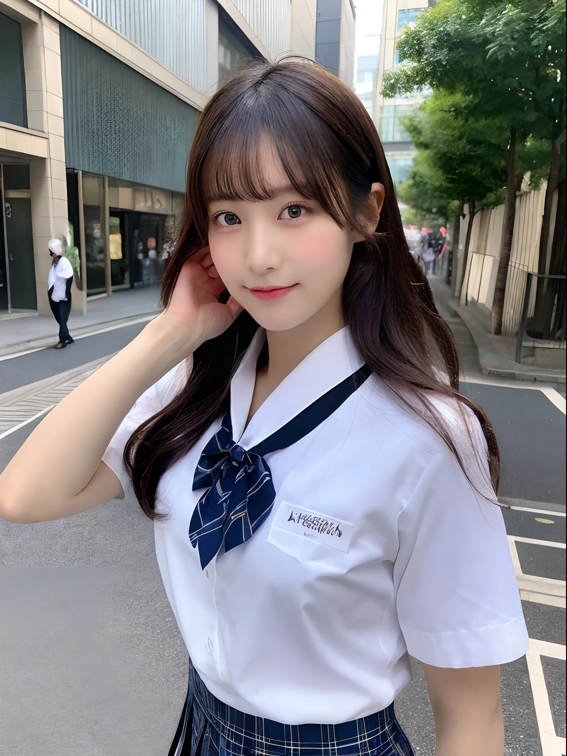 ((top-quality、​masterpiece))、Raw photography、8K、top-quality、 超A high resolution、Beautiful face in every detail、Realistic human skin、Gentle expression、front-facing view、Farbe々From an angle、length hair、realisitic、Photorealsitic、cute little、a short skirt、cute school girl、Japan schoolgirl wearing uniform、Surreal High School Girl、blue-sky、outside of house、baseball field、sitting in a bench、wrist watch、