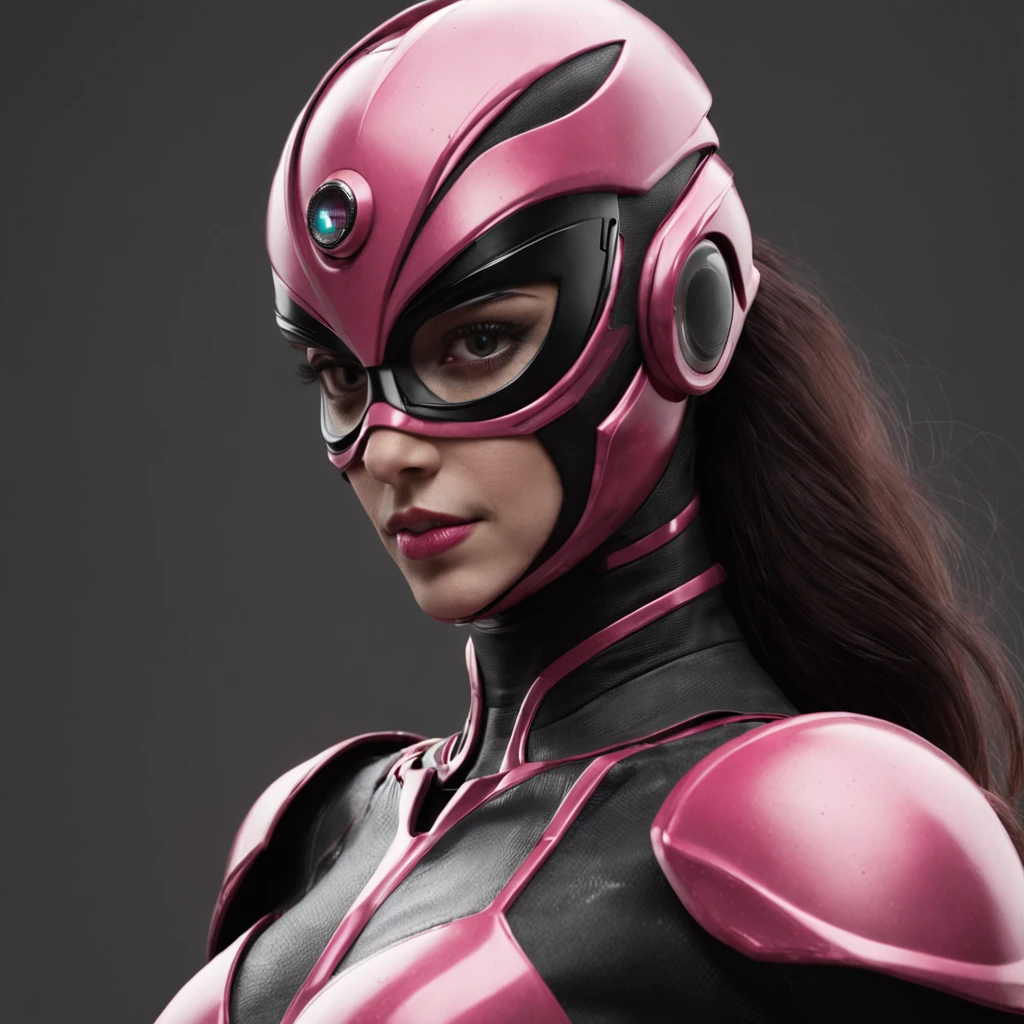 Portrait of futuristic pink Power Ranger from space, fashion, editorial, fotografia editorial, capa de revista, 4k, boneca, intricate details, black studio background, (((fundo preto))), black background ::n_ low quality, full body, (((face))), signature, mark, watermark, text, deformed, deformed eyes, deformed helmet, fundo rosa, (((pink background)))