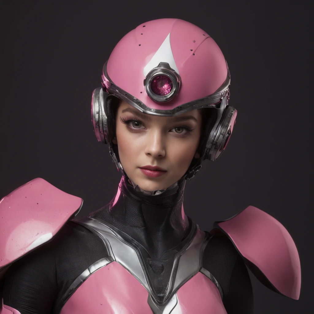 Portrait of futuristic pink Power Ranger from space, fashion, editorial, fotografia editorial, capa de revista, 4k, boneca, intricate details, black studio background, (((fundo preto))), black background ::n_ low quality, full body, (((face))), signature, mark, watermark, text, deformed, deformed eyes, deformed helmet, fundo rosa, (((pink background)))