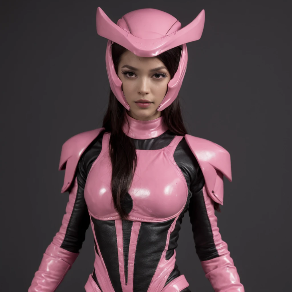 Portrait of futuristic pink Power Ranger from space, fashion, editorial, fotografia editorial, capa de revista, 4k, boneca, intricate details, black studio background, (((fundo preto))), black background ::n_ low quality, full body, (((face))), signature, mark, watermark, text, deformed, deformed eyes, deformed helmet, fundo rosa, (((pink background)))