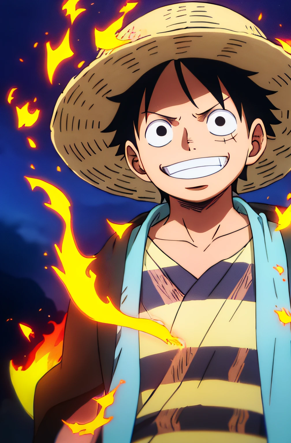 1boy, wanostyle, monkey d luffy, smiling, straw hat, looking at viewer, solo, upper body, ((masterpiece)), (best quality), (extremely detailed), depth of field, sketch, dark intense shadows, sharp focus, soft lighting, hdr, colorful, good composition, fire all around, spectacular, closed shirt, anime screencap, scar under eye, ready to fight, black eyes