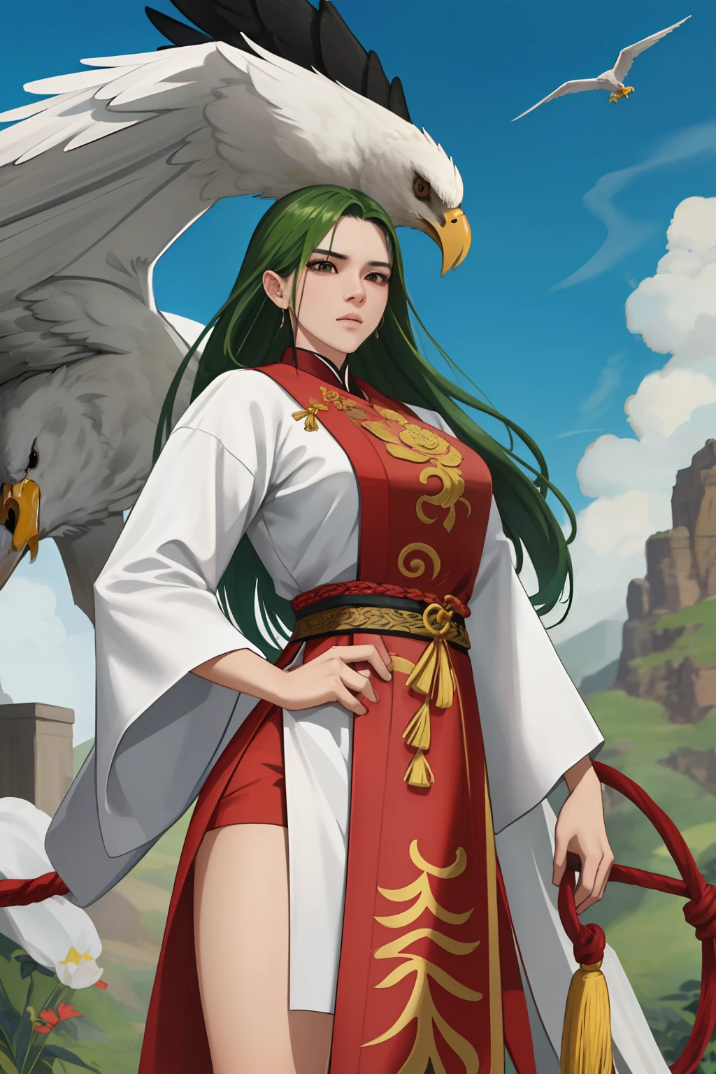 NSFW, obra-prima, melhor qualidade, ultra-detalhado, semi-realista, detailedfacialfeatures, 1 mulher,deidade marcial,Mulher usando roupa ancestral wuxia,cabelos longos verdes,olhos negros fascinantes,seios grandes,muito bonita,voluptuosa mulher,sexy,maliciosa,poderosa,standing on top of an eagle holding a whip in his left hand,altiva.