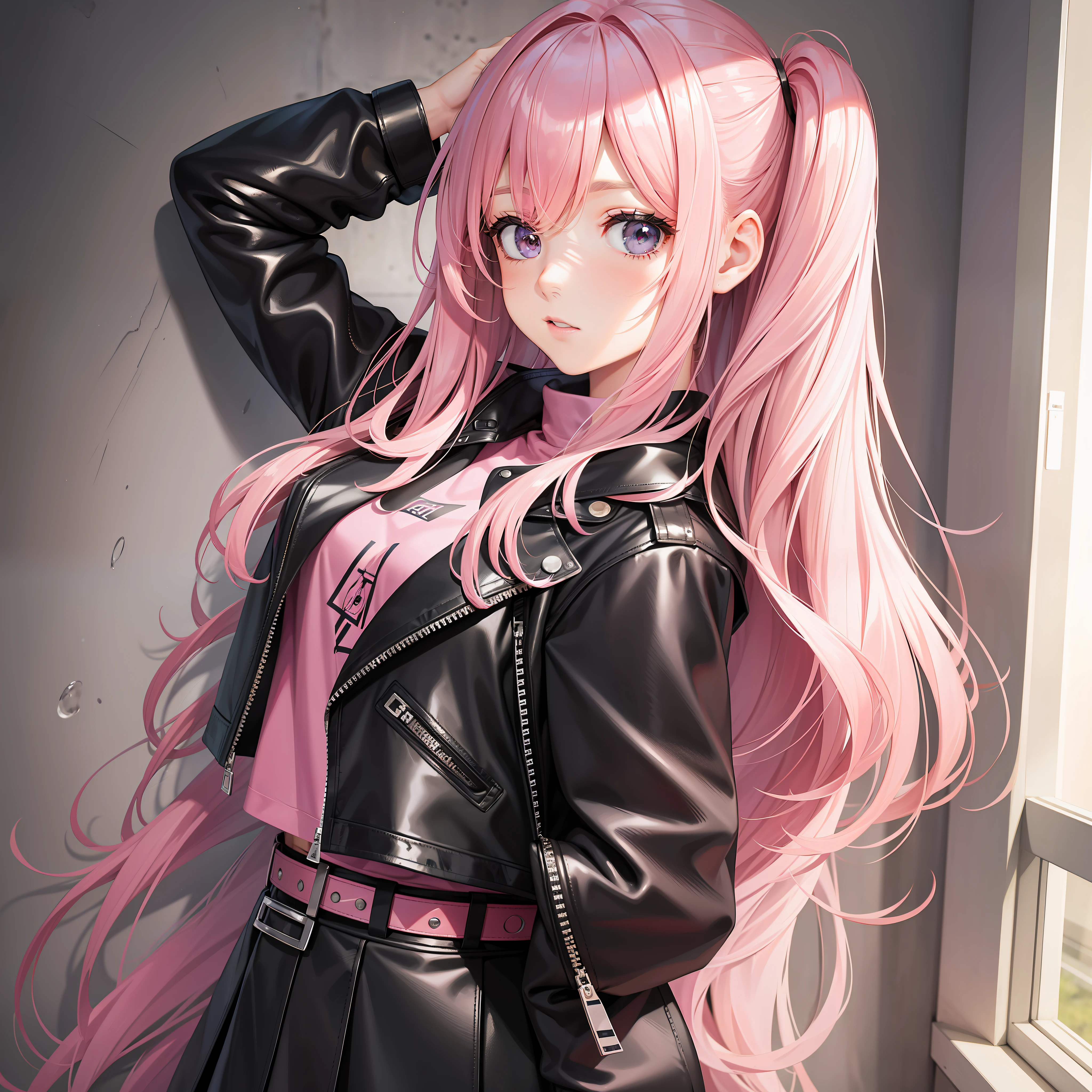 Girl Wearing Leather Jacket Over School Uniform Top Quality Masterpiece Beauty Pink Hair Long Hair