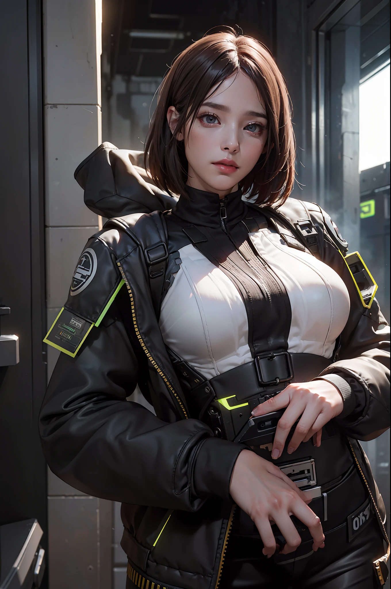 ((best qualtiy)), ((tmasterpiece)), (A detailed:1.4), 3D, Beautiful images of cyberpunk women, HDR(HighDynamicRange),Ray traching,NVIDIA RTX,Hyper-Resolution,Unreal 5,sub surface scattering,PBR textures,Post-processing,Anisotropic filtering,depth of fields,Maximum clarity and sharpness,Many-Layer Textures,Albedo e mapas Speculares,Surface Coloring,Accurate simulation of light-material interactions,perfectly proportions,rendering by octane,twotonelighting,Wide aperture,Low ISO,White balance,trichotomy,8K RAW,(Bigchest