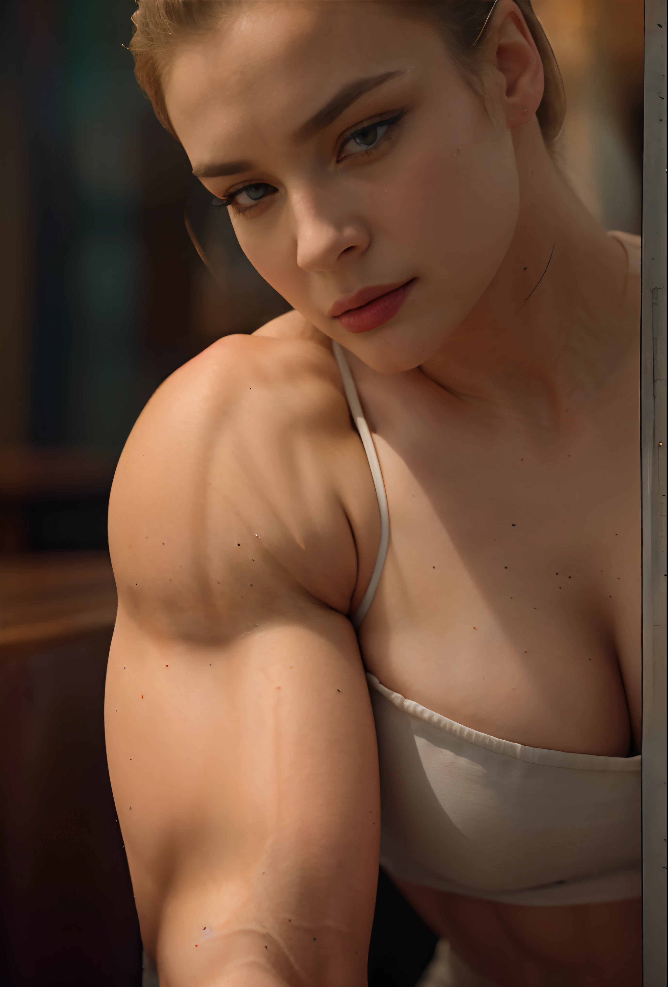 (dark shot:1.4), 80mm, a beautiful heavily muscled iffb pro female blondie czech bodybuilder, working as a (waitress:1.1) at (a diner:1.2), weared in white shirt, blue apron, jeans, ponytail, (natural skin texture, hyperrealism, soft light, sharp), (intricate details:0.9), (hdr, hyperdetailed:1.2), soft light, sharp, exposure blend, medium shot, bokeh, (hdr:1.4), high contrast, (cinematic, teal and orange:0.85), (muted colors, dim colors, soothing tones:1.3), low saturation, (hyperdetailed:1.2), (noir:0.4)