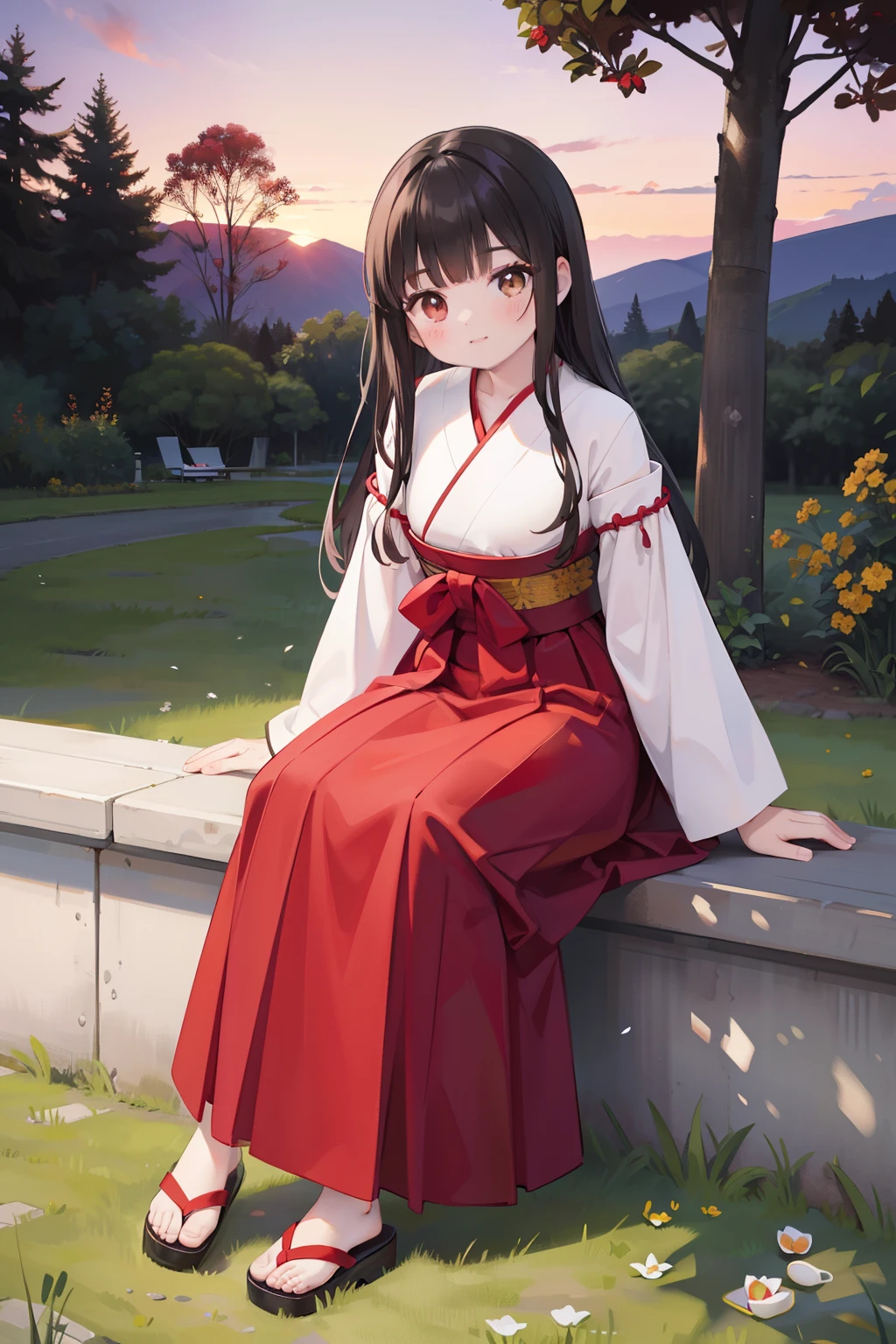 Frontal photography full body sitting on the ground, treeside red long dress, white kimono, black hair like a spring, no headgear, front photography full body sitting by the tree,Take the bellflower,((Brown eyes)))red long skirt,Black hair, White kimono all over, Photorealistic, (Hyperrealistic:1.2), Perfect eyes, Perfect face, Perfect lighting, Outdoors, Warm colors, Deep purple sky, Smug, ventania